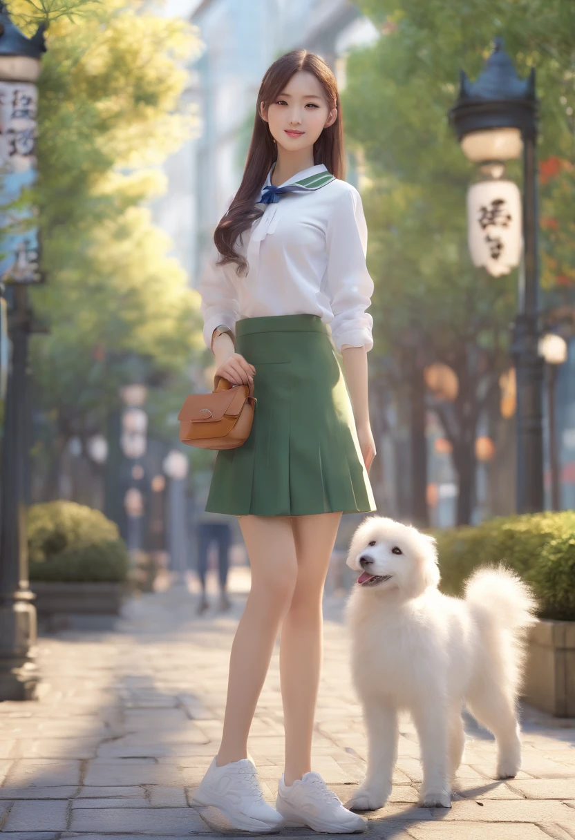 professional photo, hdr, dsrl, 8k, masterpiece. 1girl, beautiful korean girl, beauty face, age 17, slender body, long leg, pale skin, beauty body, long curvy hair, beauty eyes, walking with a cute white puppy, on Kyoto, no body on background, beauty face, beauty noose, beauty lips, beauty eyes, wearing a japanese high school uniform, no coat, no jacket, no vest