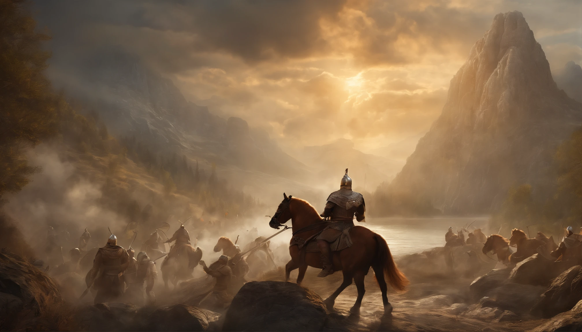 ancient Russian warriors fighting with Lizards,stone-carved ancient warriors,mythical battle scene,detailed armor and weapons,traditional Viking longships in the background,billowing smoke and fire,high-res illustration or photorealistic painting,carved stone textures and realistic skin textures,dynamic poses and intense expressions,ancient ruins,towering mountains and dense forests,overcast sky with rays of sunlight piercing through the clouds,dramatic lighting and shadows,majestic and epic,traditional oil painting style,rich and vibrant colors