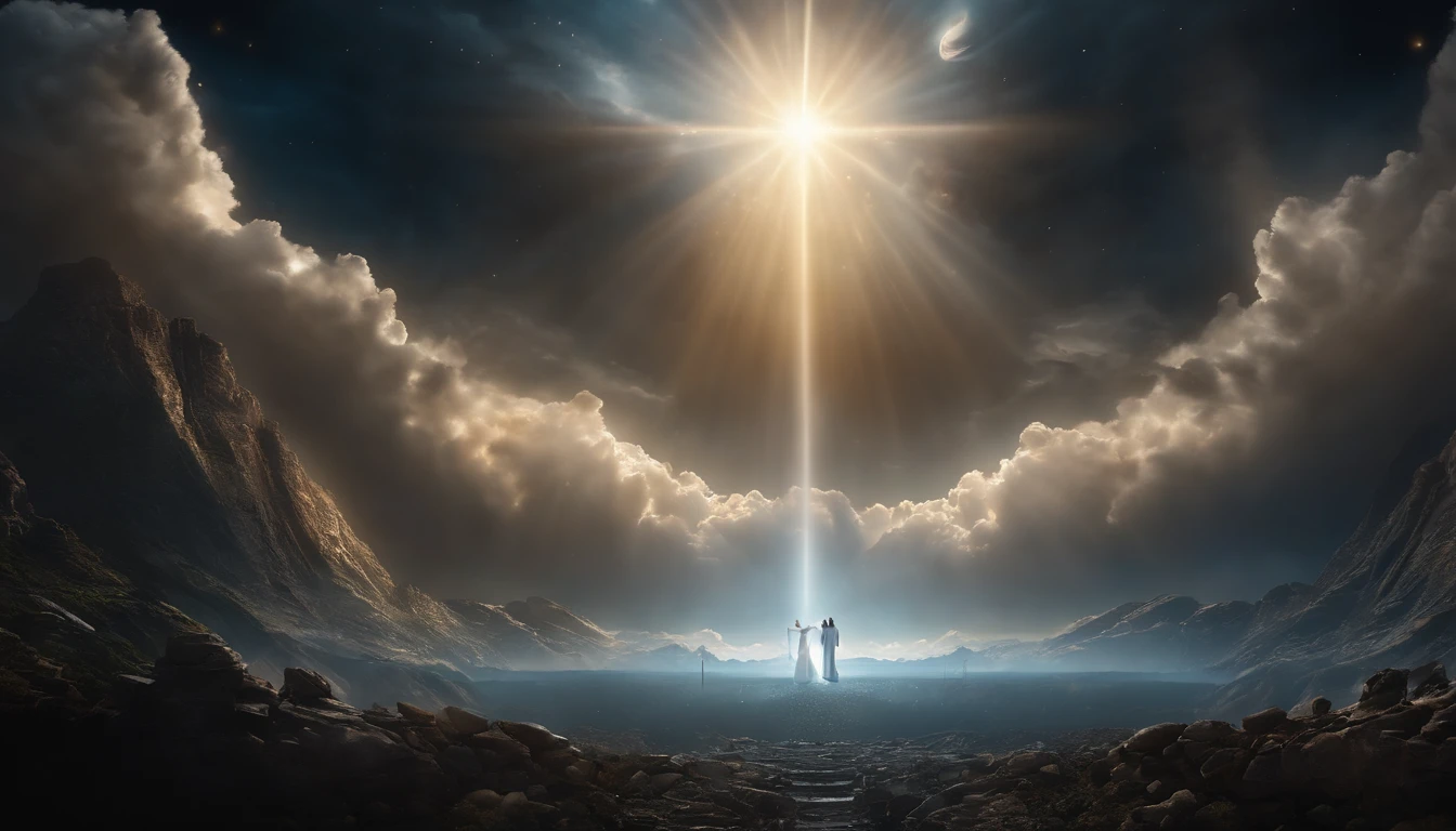 The Rapture ,Thousands of people are floating in the air,Standing on the clouds, Thousands of people are dressed in white, Raise your hands and sing hymns to praise God. The scenes are magnificent and surreal. (Best Quality, 4k, 8K, high resolucion, Masterpiece:1.2), Ultra-detailed, (realisitic, Photorealistic, Realistis:1.37), portrait of a, Vivid colors, studio lit, Sharp focus, physics based rendering, extreme detail description, Biblical Topics, grand ambience, radiant light.