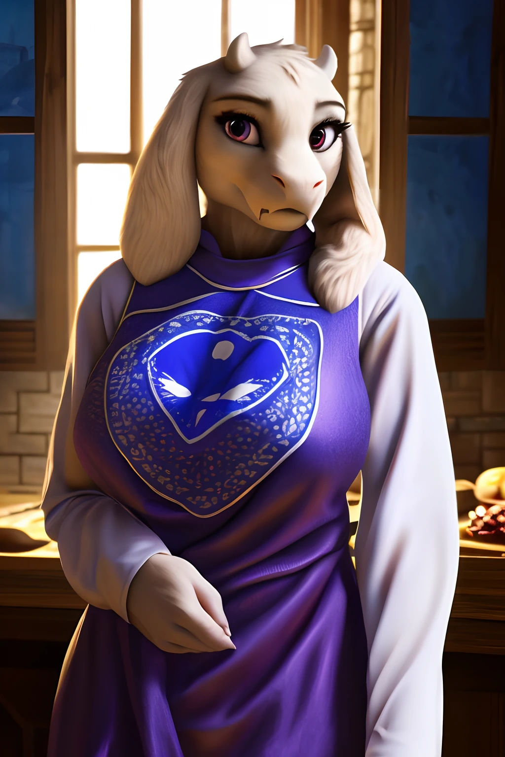 ((realistic)), ((photorealistic)),((high-res, masterpiece, best quality, cinema lighting)), masterpiece, best quality:1.2), upper body, solo, masterpiece, best quality, 4k, photograph, cinematic, modelshoo ,ultra realistic 8k cg, masterpiece, ((ultra detailed background, delicate pattern, intricate detail)), (highly detailed, fine details), best quality, (photorealistic:1.4), absurdres, RAW photo,masterpiece, best_quality, ((1girl1.3)), solo, realistic fur, detailed, (detailed fur, fur, furry body:1.2),(((toriel 1.9))), furry female anthro, goat girl, standing, (dress, purple dress:1.2), shirt design, portrait, solo,(((upper body))), ((long sleeves,white sleeves)) (body fur:1.2), (best quality), (castle kitchen background:1.2), huge breasts, dramatic lighting, (detailed fluffy fur:1.1), looking at viewer, curvy