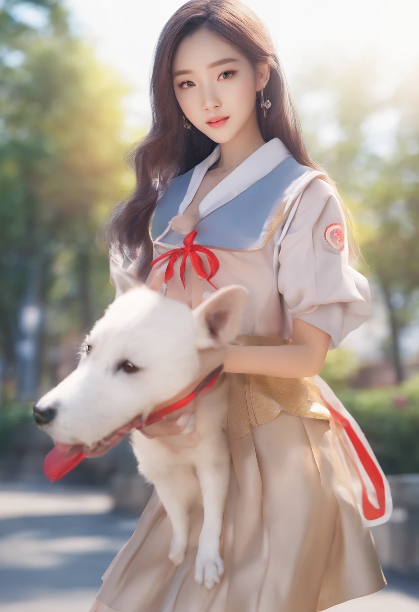 professional photo, hdr, dsrl, 8k, masterpiece. 1girl, beautiful korean girl, beauty face, age 17, slender body, long leg, pale skin, beauty body, long curvy hair, beauty eyes, walking with a cute white puppy, on Kyoto, no body on background, beauty face, beauty noose, beauty lips, beauty eyes, wearing a japanese high school uniform, no coat, no jacket, no vest