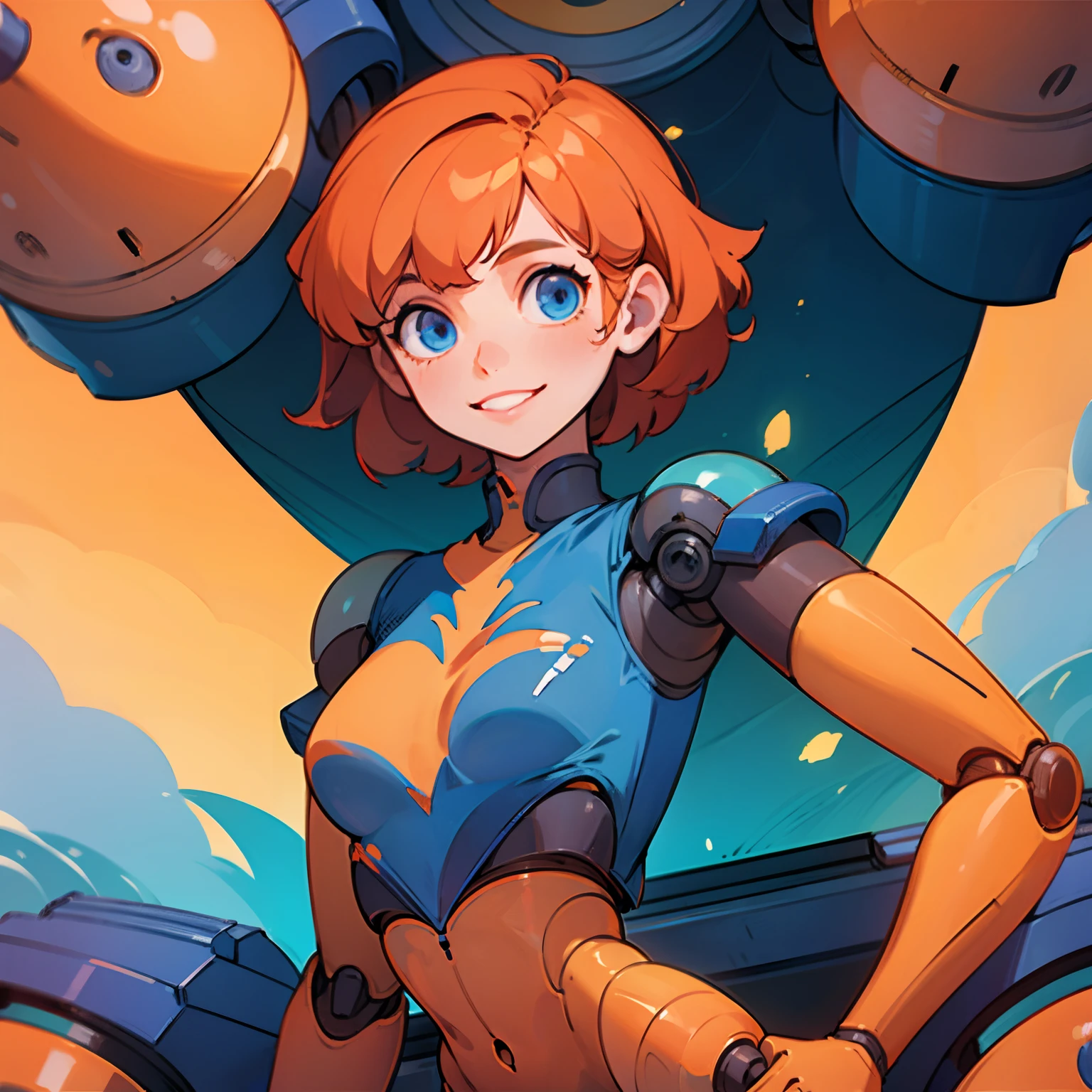 ((solo)), girl, short hair, orange hair, smile, blue lipstick, blue eyes, ((corret body)), strong body, confidently, shirt, robotic arm