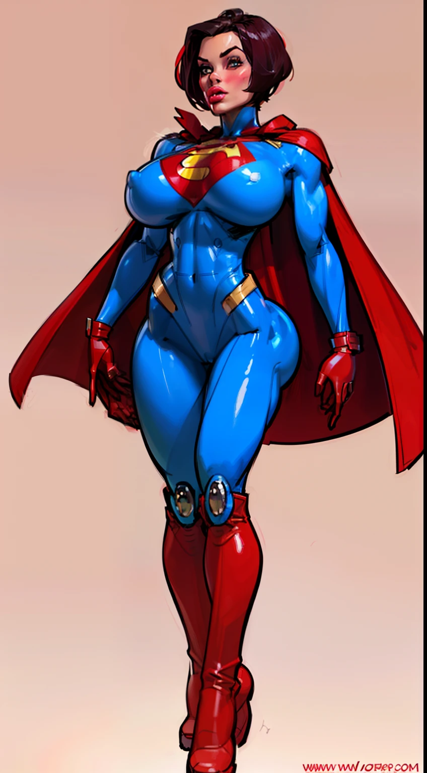 ((masterpiece)),(((best quality))),((character design sheet)), ((full body view)) illustration,(female superhero), muscular, ((blue bodysuit:1.5)), superhero, (dark brown hair:1.2), (red cape:1.5) ((detailed face:1.4)) beautiful woman, (small head:1.2) ((gigantic breasts:1.6)) (((red boots:1.4)))(messy hair:1.4), (((buzzcut:1.4))), shiny skin, (yellow logo on chest:1.4)(puffy lips:1.5), (wide hips:1.3), hip dips, detailed lips, (((red gloves:1.4))) rough sketches, pose, 8k,16k, (simple background, white background: 1.3)