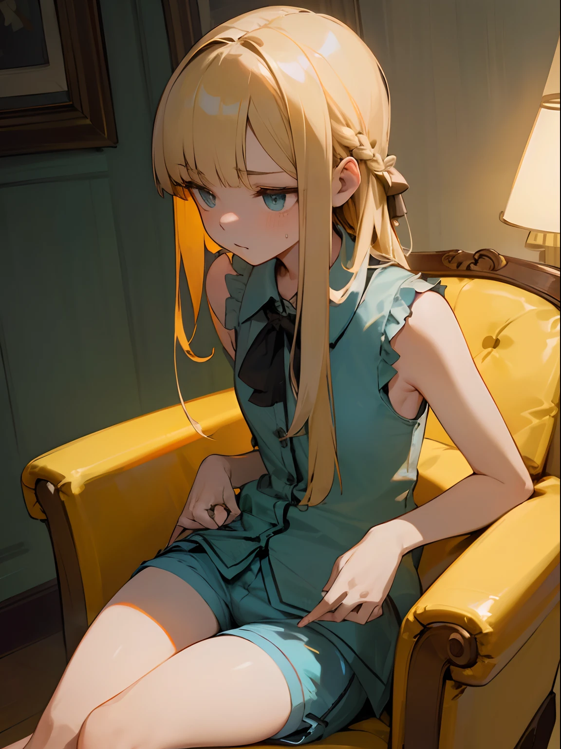 Reines, 1girl, high quality, best quality, illustration, masterpiece, (highly detailed:1.2), (extremely detailed:1.3), half unbuttoned pajamas, (Shirt Unbuttoning: 1.2), sleeveless undergarments, young girl, shortpants, braid, petite, li, sweaty, hot summer, sitting on chair, slender thighs, in a house