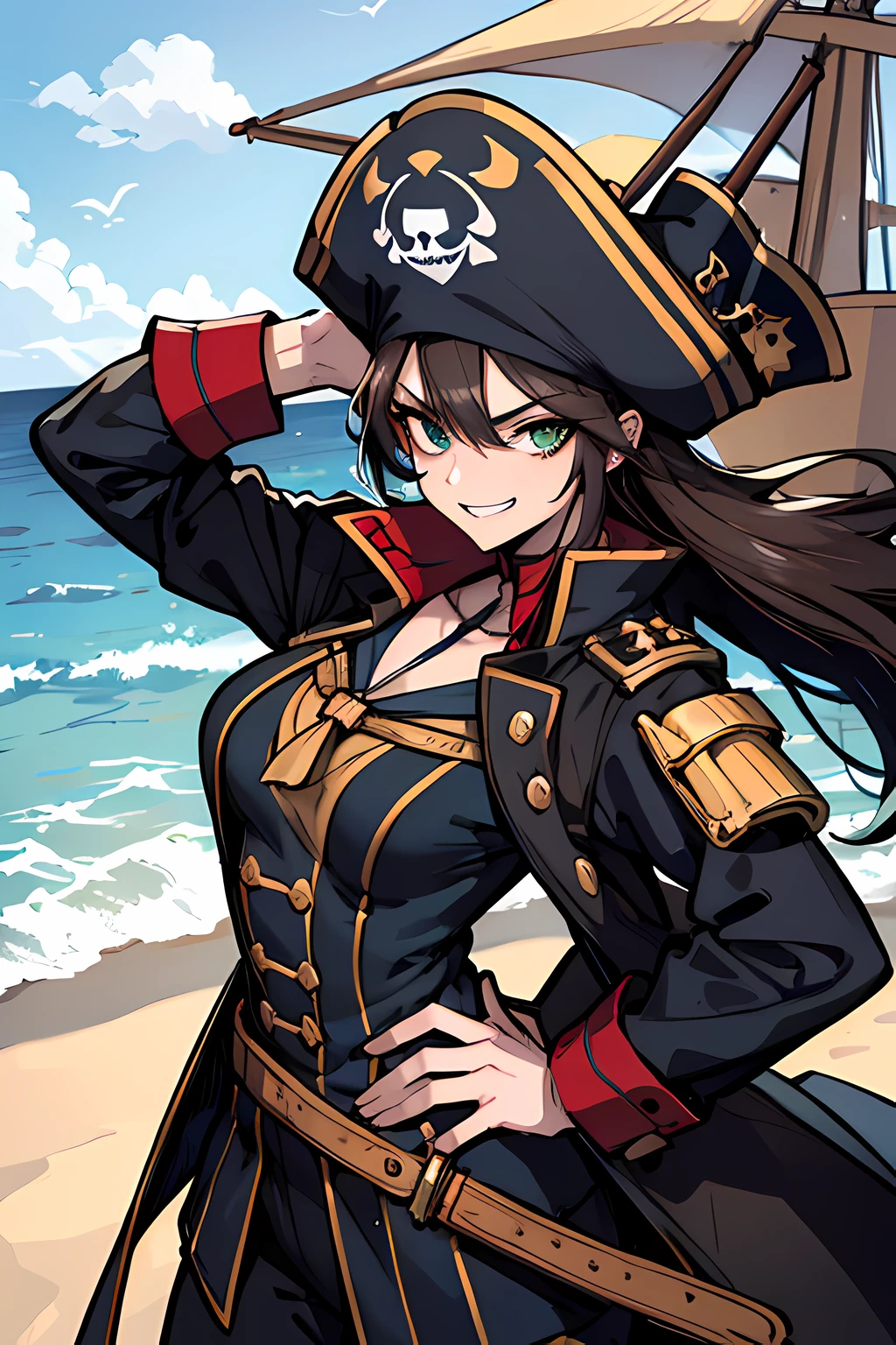 (absurdres, 8k, 4k, masterpiece, hyper extreme detailed:1.2), solo, 1girl, side view, perfect face, 1girl, portrait, looking at viewer, solo, standing, Female, toned body, mature female, medium breasts, pale, brown hair, messy hair, enthusiastic, fun, tomboy, green eyes, swept bangs, pirate, smirk, medium body, tomboy, crazy face, crazy smile, crazy eyes, wind, windy hair, moving hair, pirate hat, pirate outfit, reckless, long hair, adventurous, pirate clothing, cutlass, confident, pirate coat, eyepatch, fearless, expressive, rock, open sea background, rugged, dirty, left hand holding cutlass, right hand on hip, shirt, sword, pirate sword, ocean background, sea background, pirate king, pirate ship,