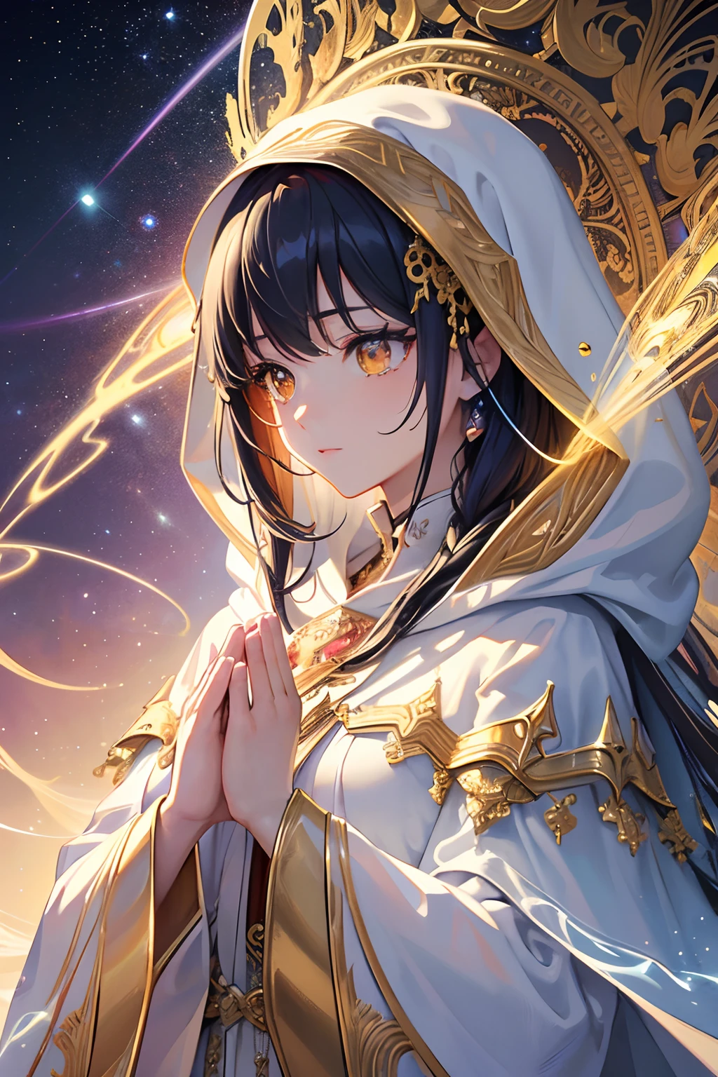 masterpiece, top quality, best quality, official art, beautiful and aesthetic:1.2), (1girl), extreme detailed, (fractal art:1.3), colorful, highest detailed, perfect face, upper body, HDR, (praying:1.3), (white cloak golden lines:1.2), galaxy, (light streaks), striking visuals, (dynamic streaks, luminous trails:1.2), vibrant colors