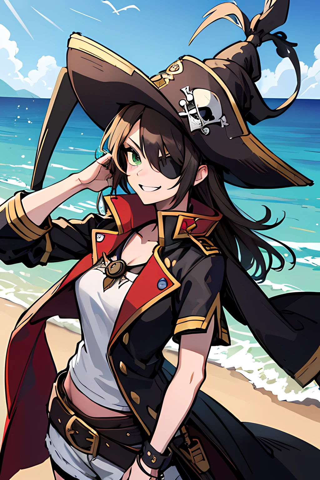 score_9, score_8_up, score_7_up, score_6_up, score_5_up, score_4_up, source_anime, Roegadynffxiv, 1girl, solo, green skin, hook hand, hook, amputated hand, eyepatch, final fantasy xiv, portrait, tongue out, port, ship, ocean, folded arms, tricorne, pirate hat, trench coat, smirk, beach, palm trees, pirate costume, pirate, <lora:RoegadynFFXIVPonyV1-02:1>