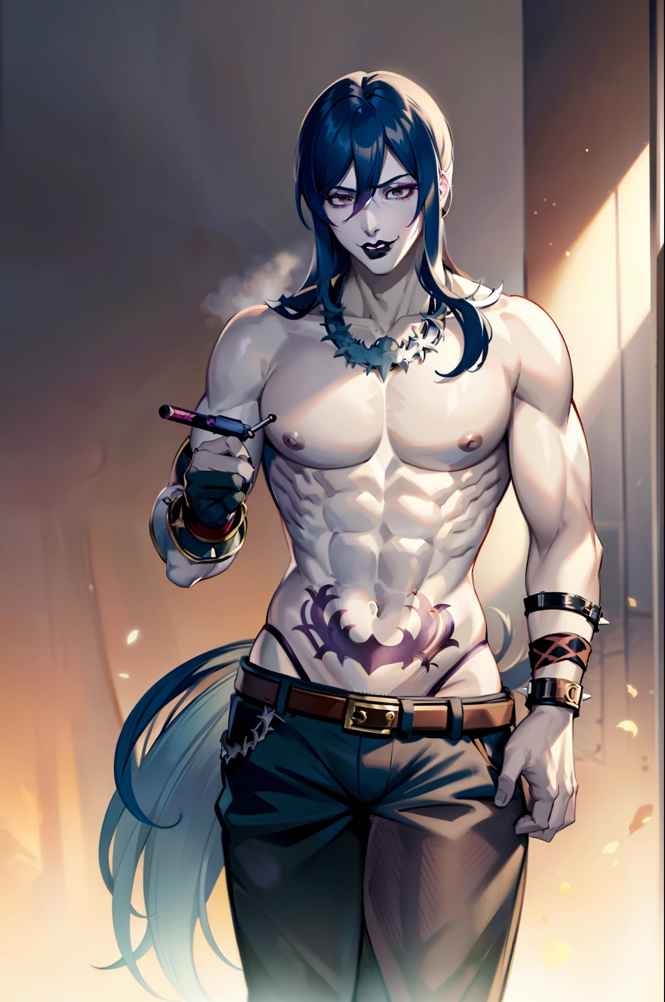 YAN QING, MUSCLE, 
((1 boy , Solo)) ((anatomically accurate)), Highest quality, high Aesthetic ((Masterpiece)) (RockOfSuccubus), Midriff, belt, pants, (tattoo:1.1), pubic tattoo,makeup, (colored skin:1.3), (lips), (black lips:1.3),(lipstick), (pale skin:1.5),cross-laced clothes,Punk Clothes (spiked bracelet), necklace,