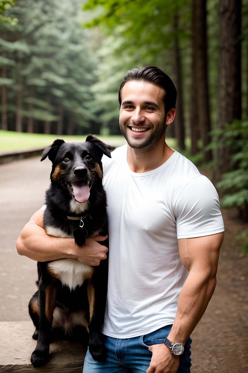 RAW photo, full-body shot of a 30-year-old muscular man, medium-length sidecuts dark hair, in outdoor casual wear, playing or posing with a cute dog. Genuine, happy expressions, natural lighting to highlight the joyful atmosphere. Color photo.