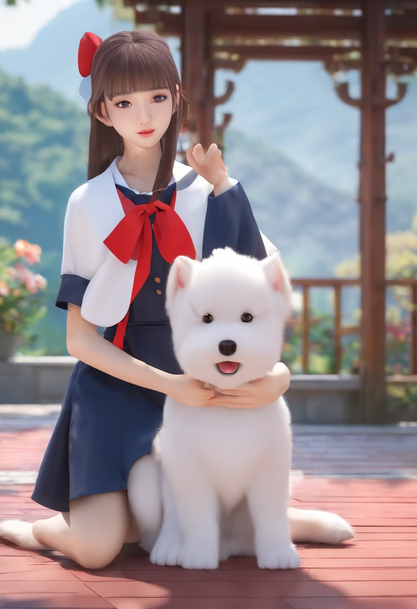 professional photo, hdr, dsrl, 8k, masterpiece. 1girl, beautiful korean girl, beauty face, age 17, slender body, long leg, pale skin, beauty body, long curvy hair, beauty eyes, walking with a cute white puppy, on Kyoto, no body on background, beauty face, beauty noose, beauty lips, beauty eyes, wearing a japanese high school uniform, no coat, no jacket, no vest, must have a cute white puppy