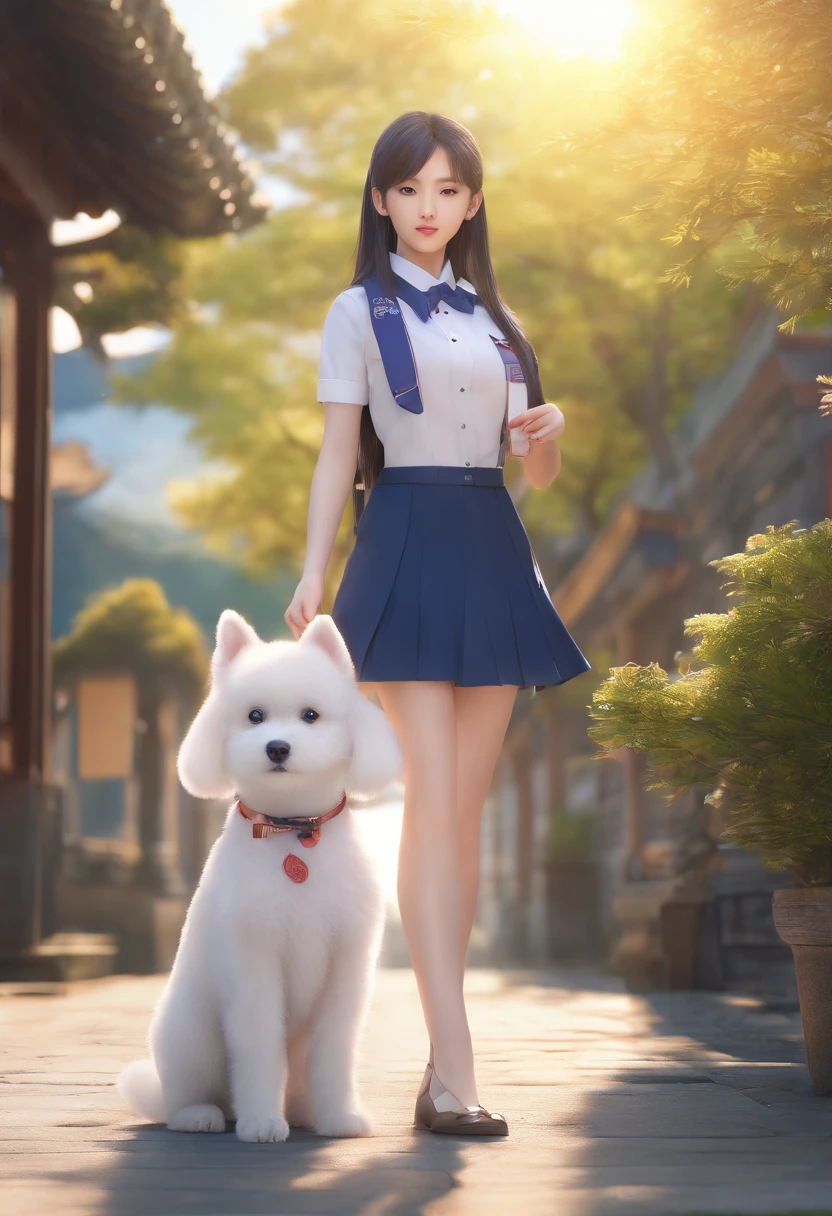 professional photo, hdr, dsrl, 8k, masterpiece. 1girl, beautiful korean girl, beauty face, age 17, slender body, long leg, pale skin, beauty body, long curvy hair, beauty eyes, walking with a cute white puppy, on Kyoto, no body on background, beauty face, beauty noose, beauty lips, beauty eyes, wearing a japanese high school uniform, no coat, no jacket, no vest, must have a cute white puppy
