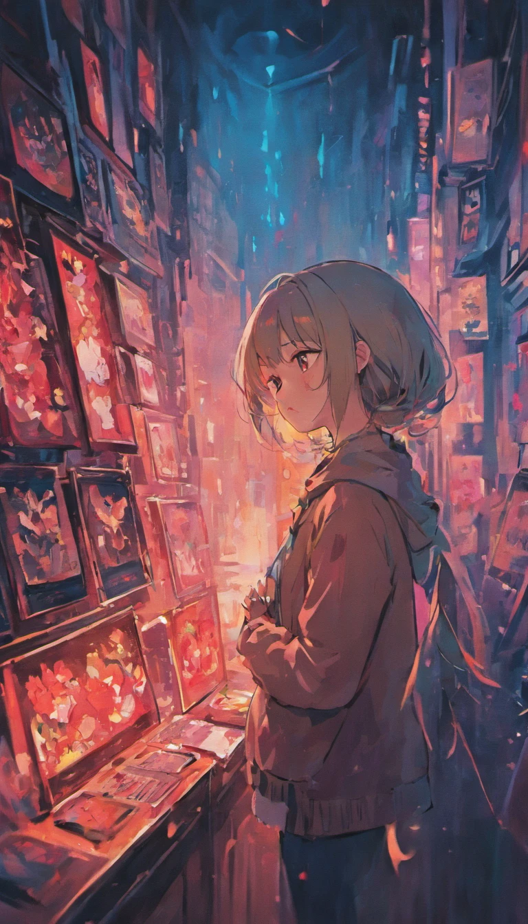 A girl,Obviously not in love,Gloomy atmosphere,Dramatic lighting,Abstract painting style,Vivid colors,Teary eyes,Sad expression,Alone in a dark room,She was heartbroken