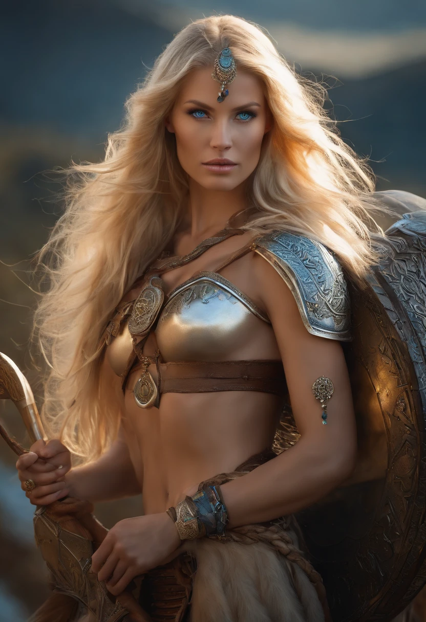 ((erotic art)), Nordic Valkyrie, warrior goddess, long blonde hair. fierce blue eyes, full nude body, perfect medium tits, perfect pussy