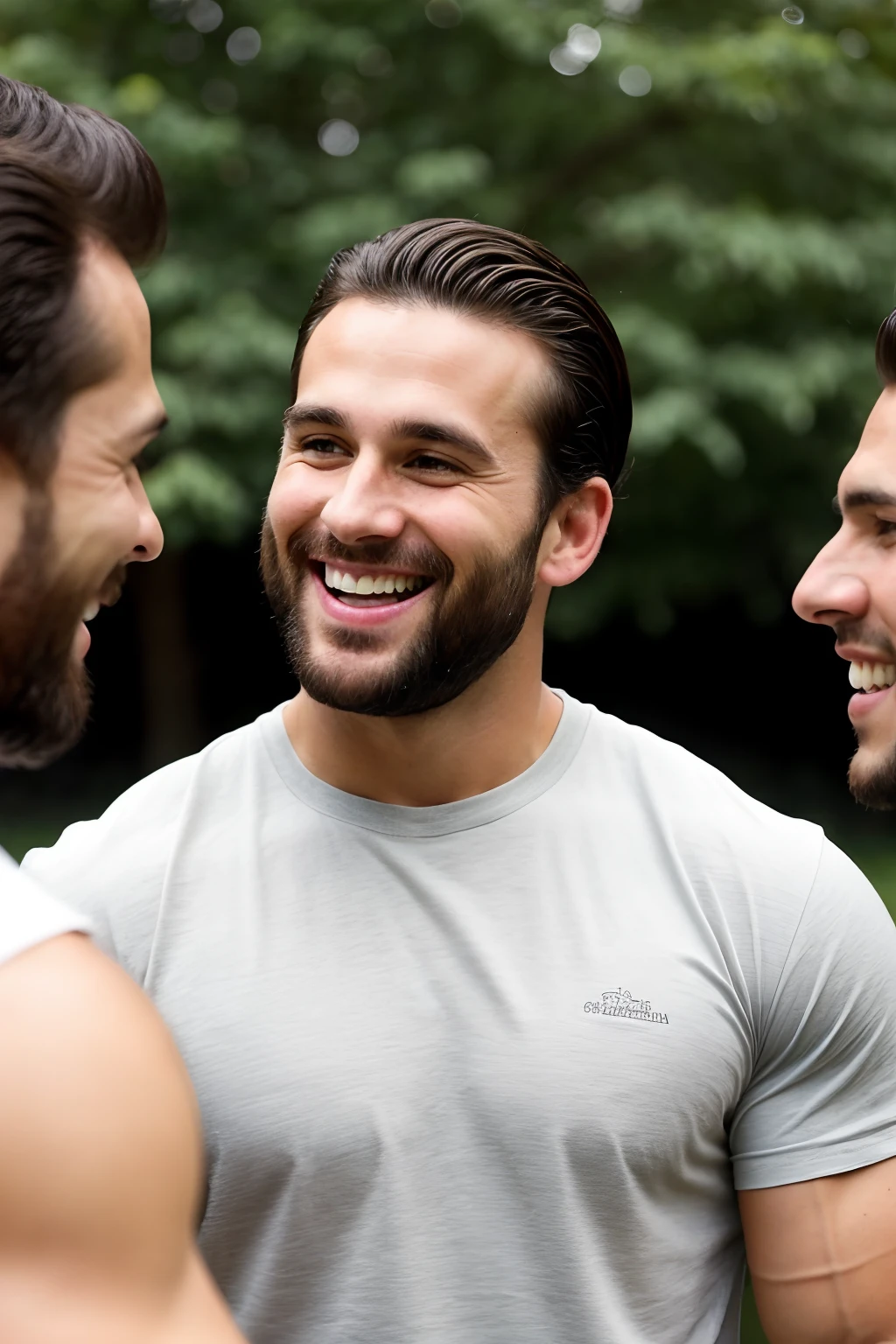 RAW photo, group shot of a 30-year-old muscular man, medium-length sidecuts dark hair, in a casual outfit, laughing or interacting with friends at a social event or outdoor gathering. Natural expressions, daylight to add a friendly, approachable vibe. Color photo.