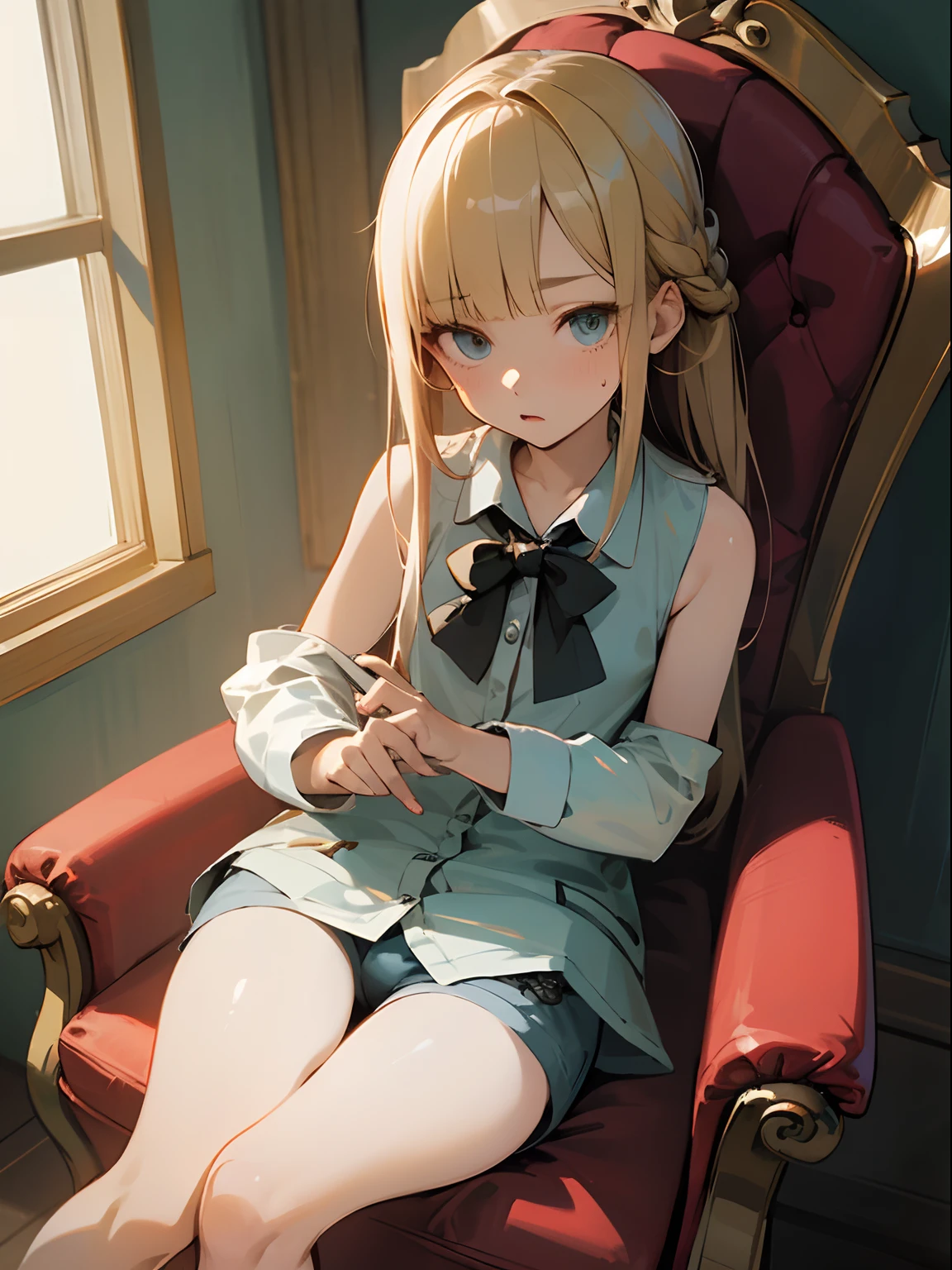 Reines, 1girl, high quality, best quality, illustration, masterpiece, (highly detailed:1.2), (extremely detailed:1.3), unbuttoned pajamas, (Shirt Unbuttoning: 1.5), sleeveless undergarments, young girl, shortpants, braid, petite, li, sweaty, hot summer, sitting on chair, slender thighs, in a house
