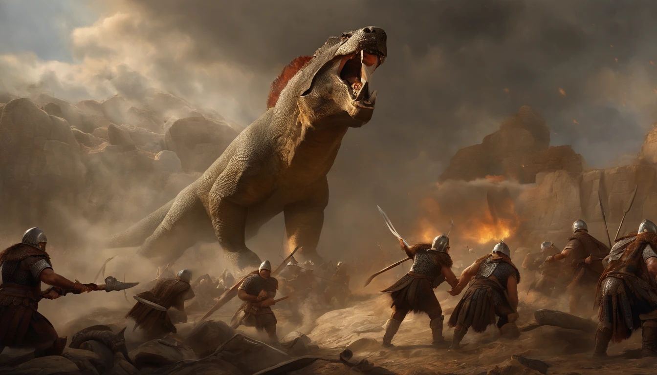 Ancient Russian Warriors, fighting large Lizards - humanoids,Ancient Warriors Carved in Stone,Mythic Battle Scene,Detailed armor and weapons,Traditional Viking longships in the background,Clouds of smoke and fire,High-resolution illustration or photorealistic painting,Carved stone textures and realistic skin textures,Dynamic postures and facial expressions,Ancient ruins,High mountains and dense forests,Overcast sky with rays of sunshine, breaking through the clouds,Dramatic lighting and shadows,Majestic & Epic,Traditional style of oil painting,Rich and vibrant colors