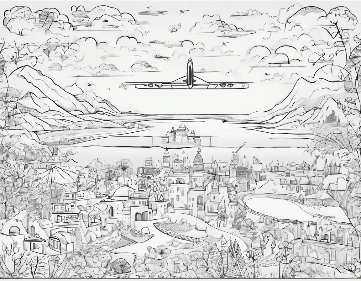 create a doodle art with pen, airplane, travelling, clock, stroller, bag pack, "google", cake, camera, 7 wonder of the world, famous place of the world