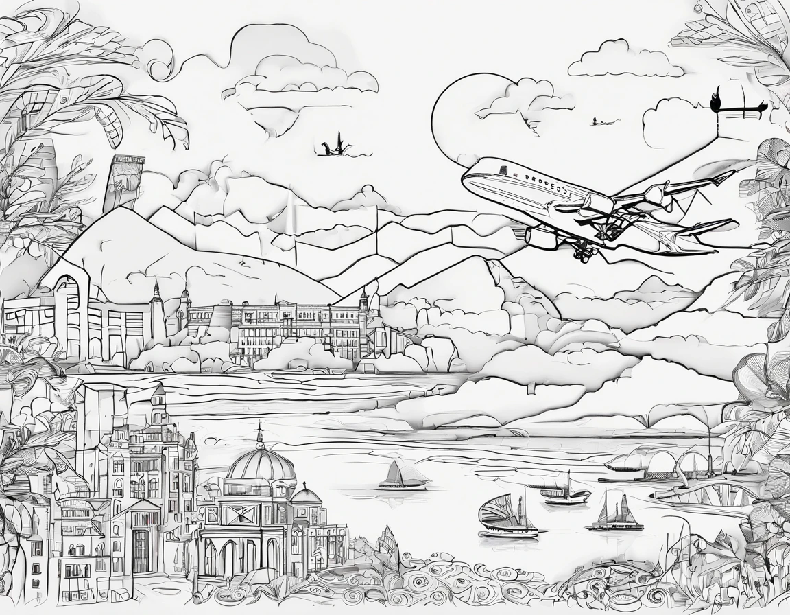 create a doodle art with pen, airplane, travelling, clock, stroller, bag pack, "google", cake, camera, 7 wonder of the world, famous place of the world