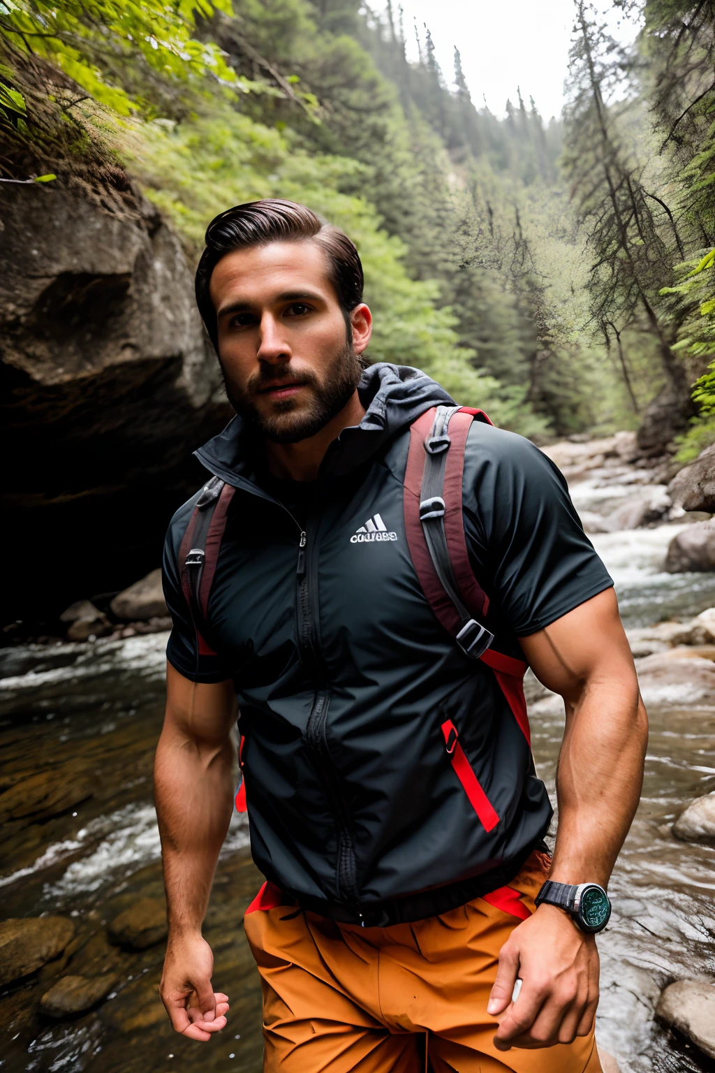 RAW photo, waist-up shot of a 30-year-old muscular man, medium-length sidecuts dark hair, in rugged outdoor attire, doing something adventurous like hiking, kayaking, or zip-lining. Focused, exhilarated expression, natural lighting to emphasize the action and physique. Color photo.