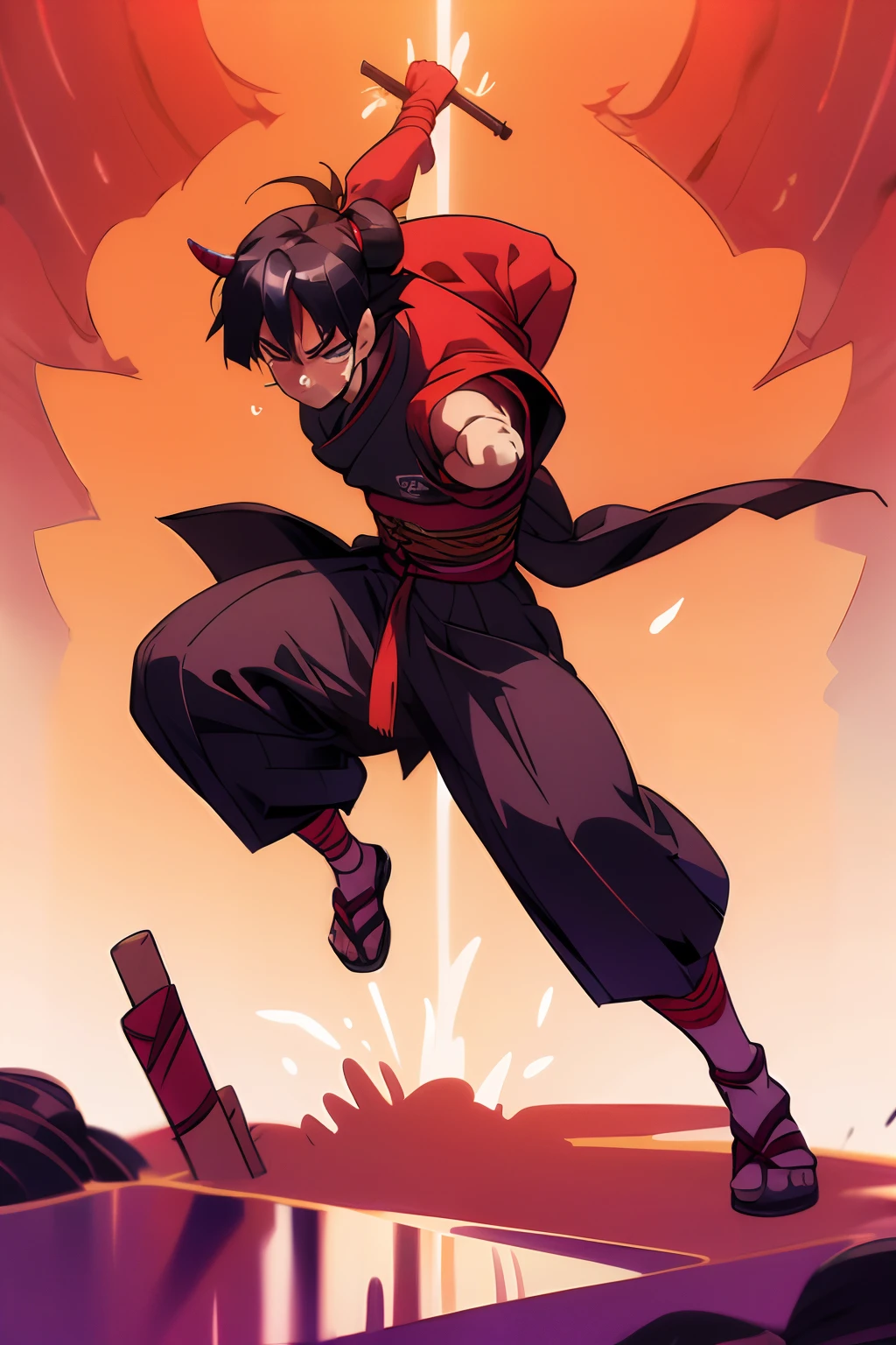 a young 15 year old shinobi with jet black hair that falls into his eyes, giving him a mysterious look. He has dark, piercing eyes that reflect his determination and cunning. He is of average height, but his build is athletic and agile, making him a skilled fighter. Takeshi is brave, loyal and determined. Takeshi wears a shinobi outfit that incorporates elements of an oni into his design, including a wooden oni mask with sharp horns and a fierce expression. He wears a deep red kimono with black details, a koshi-obi, and a pleated hakama that flows as he moves. He completes his outfit with black tabi and wooden-soled zori. fullbody, Ninja costume