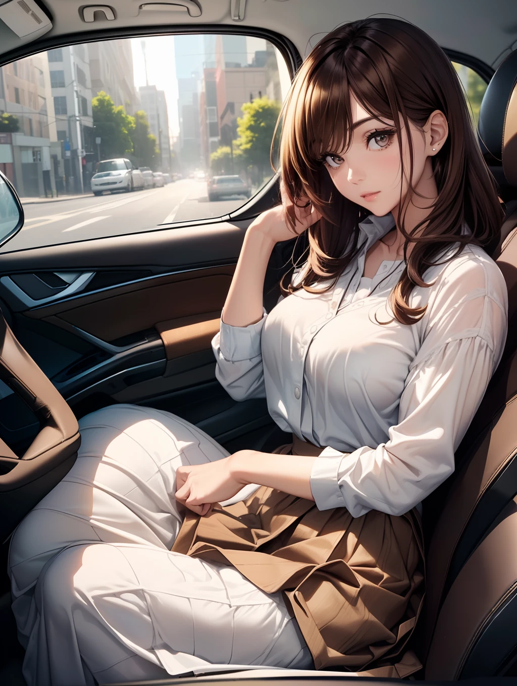 Best Quality, masutepiece, beautiful mature women、Beautiful face、Strong-minded woman、Office Suits、(((White blouse)))、(((brown long skirt)))、brown haired、(Brown-eyed)、Longhaire、Undersized eyes、(((1 to sit in the passenger seat of the car.5)))