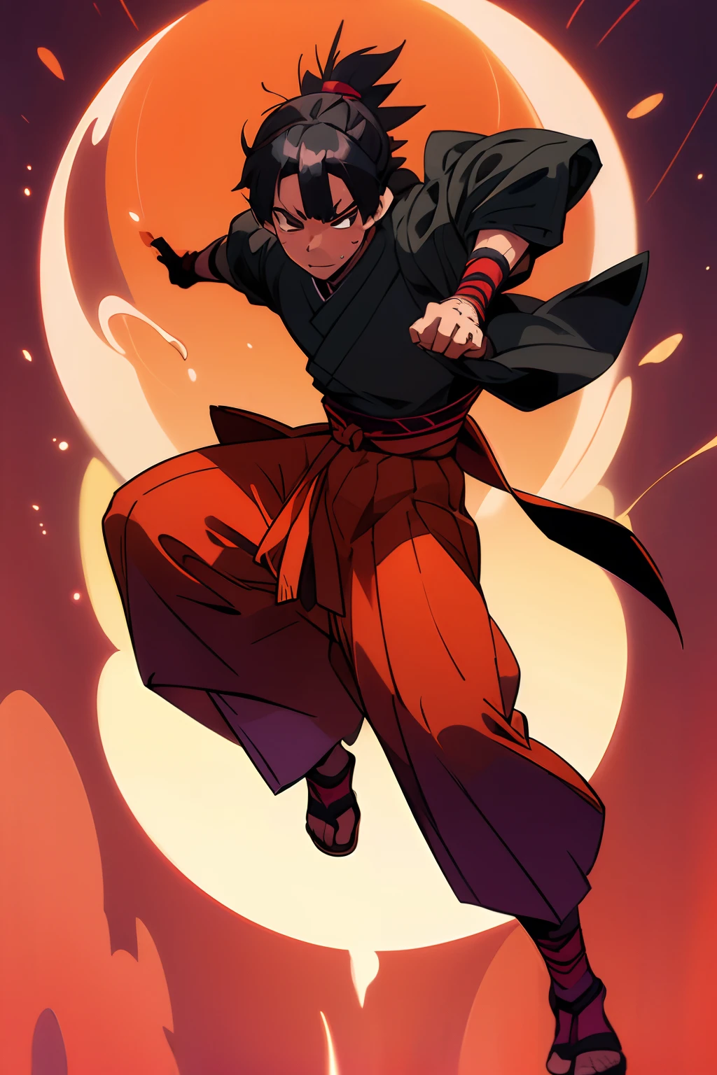 a young 15 year old shinobi with jet black hair that falls into his eyes, giving him a mysterious look. He has dark, piercing eyes that reflect his determination and cunning. He is of average height, but his build is athletic and agile, making him a skilled fighter. Takeshi is brave, loyal and determined. Takeshi wears a shinobi outfit that incorporates elements of an oni into his design, including a wooden oni mask with sharp horns and a fierce expression. He wears a deep red kimono with black details, a koshi-obi, and a pleated hakama that flows as he moves. He completes his outfit with black tabi and wooden-soled zori. fullbody, Ninja costume