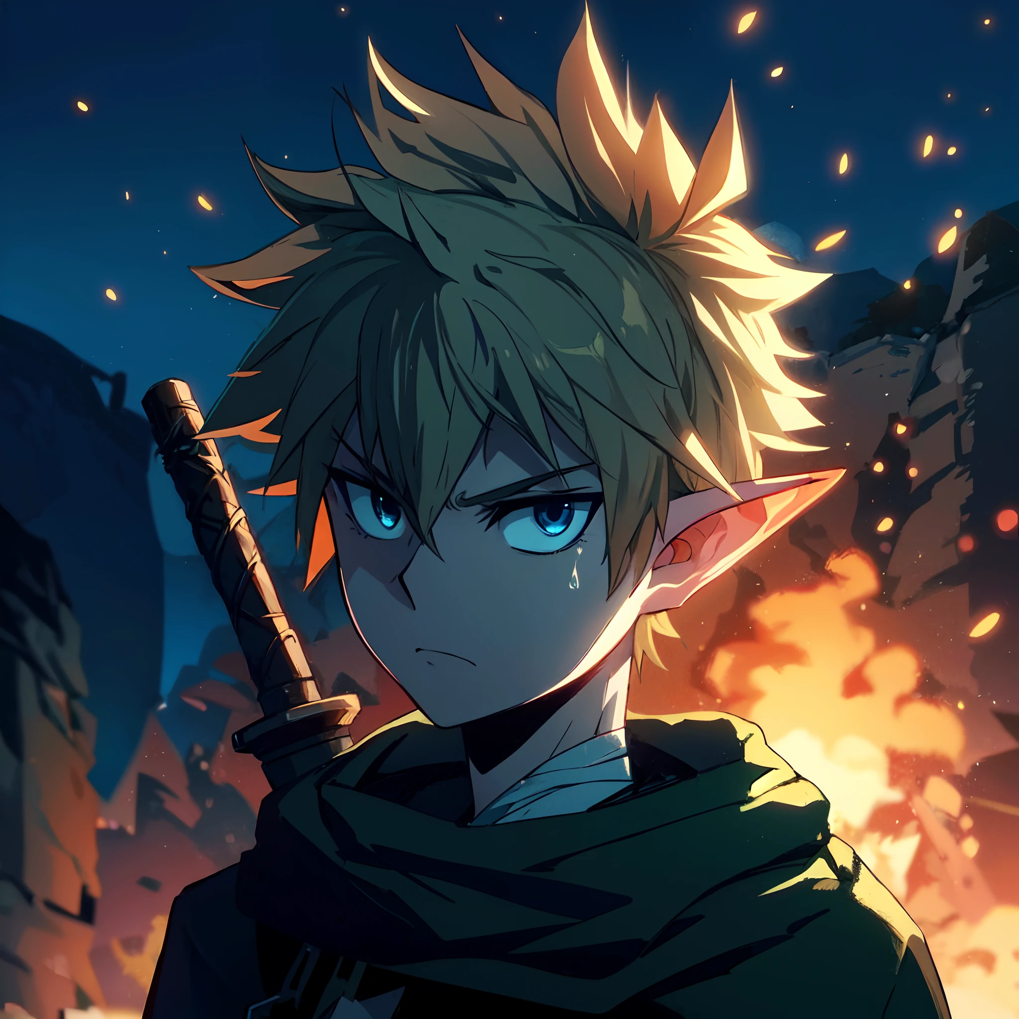 a young adventurer man, narrowed eyes, furrowed brow, a burning forest in the background, night, dark, fantasy, spiky ponytail, blonde hair, blue eyes, frown, anime, digital art, illustrated by Hiroyuki Imaishi, kill la kill art style, anime screencap, high res, tired eyes, flat colors, green tunic, elf ears,