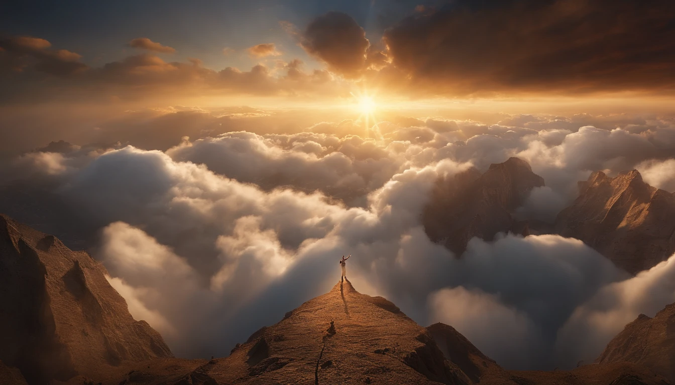 The Rapture ,Thousands of people are floating in the air,Standing on the clouds, Thousands of people are dressed in white, Raise your hands and sing hymns to praise God. The scenes are magnificent and surreal. (Best Quality, 4k, 8K, high resolucion, Masterpiece:1.2), Ultra-detailed, (realisitic, Photorealistic, Realistis:1.37), portrait of a, Vivid colors, studio lit, Sharp focus, physics based rendering, extreme detail description, Biblical Topics, grand ambience, radiant light.
