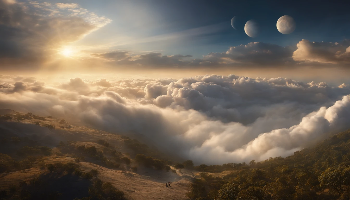 The Rapture ,Thousands of people are floating in the air,Standing on the clouds, Thousands of people are dressed in white, Raise your hands and sing hymns to praise God. The scenes are magnificent and surreal. (Best Quality, 4k, 8K, high resolucion, Masterpiece:1.2), Ultra-detailed, (realisitic, Photorealistic, Realistis:1.37), portrait of a, Vivid colors, studio lit, Sharp focus, physics based rendering, extreme detail description, Biblical Topics, grand ambience, radiant light.