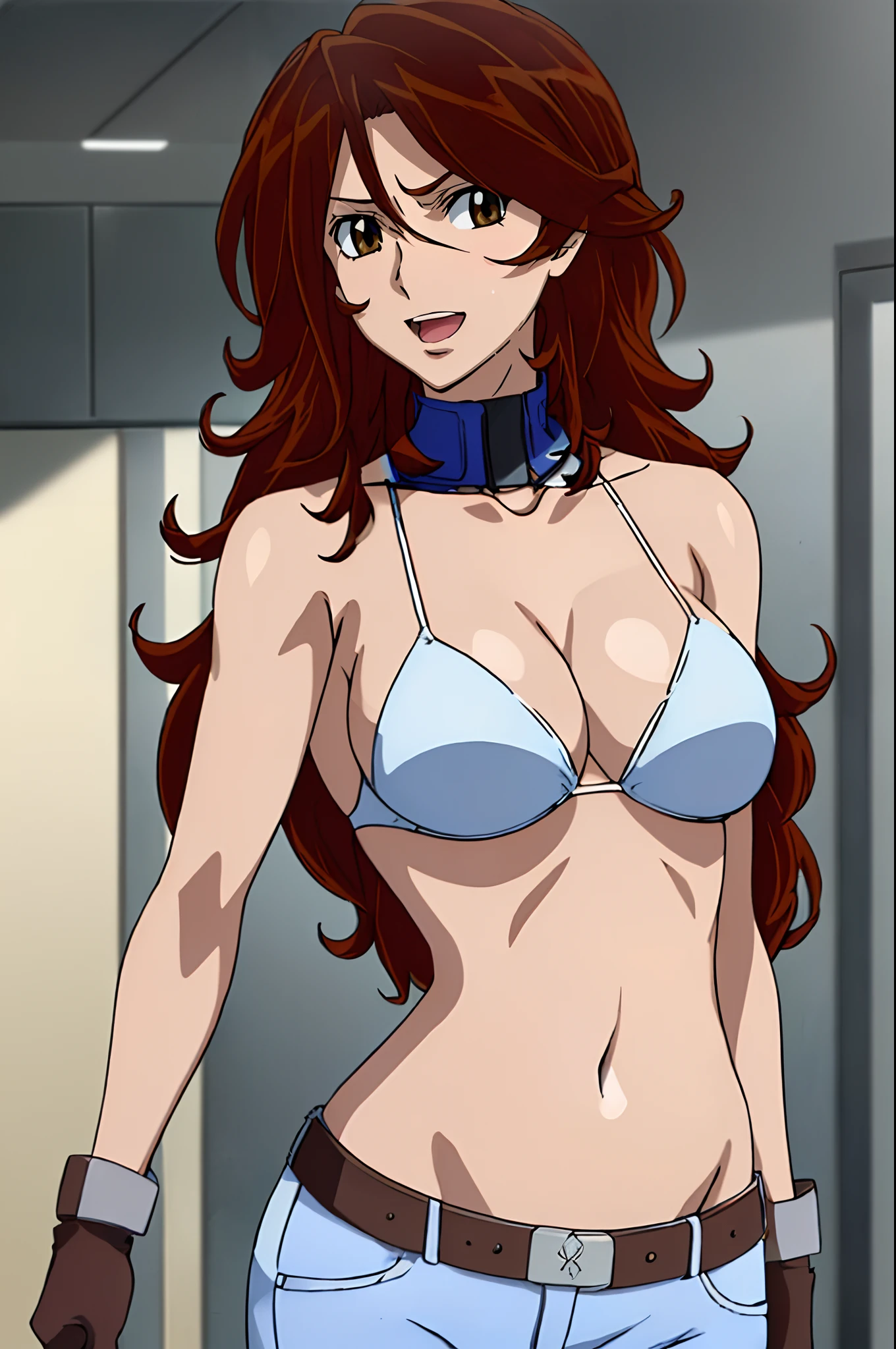 curvy midsection, solo, 1 girl, ultra toned arms, sweating very nuch, tired, smile, breathing heavily), (detailed titration screen, upper body only, anime style: 1.8, anime drawing, ultra detailed face, ultra detailed body, 4k, Sumergai Lee Noriega, (standing), best quality, anime style, hires, highest definition, digital blending, bold drawing lines, ((wwe diva), (location: wrestling arena, crowds watching), ( slim body, (little biceps), , off-shoulders, closed fists, (very curvy: 2.8)), ((white bikini only, jeans, white gloves, collar, hand protector, (champion belt on bare belly))), (pale skin, big breasts, widely open mouth, teeth), (big eyes, brown eyes), (leaning forward), (brown hair, loose hair, curly hair, wavy hair, long hair, missy hair), 27 years old,