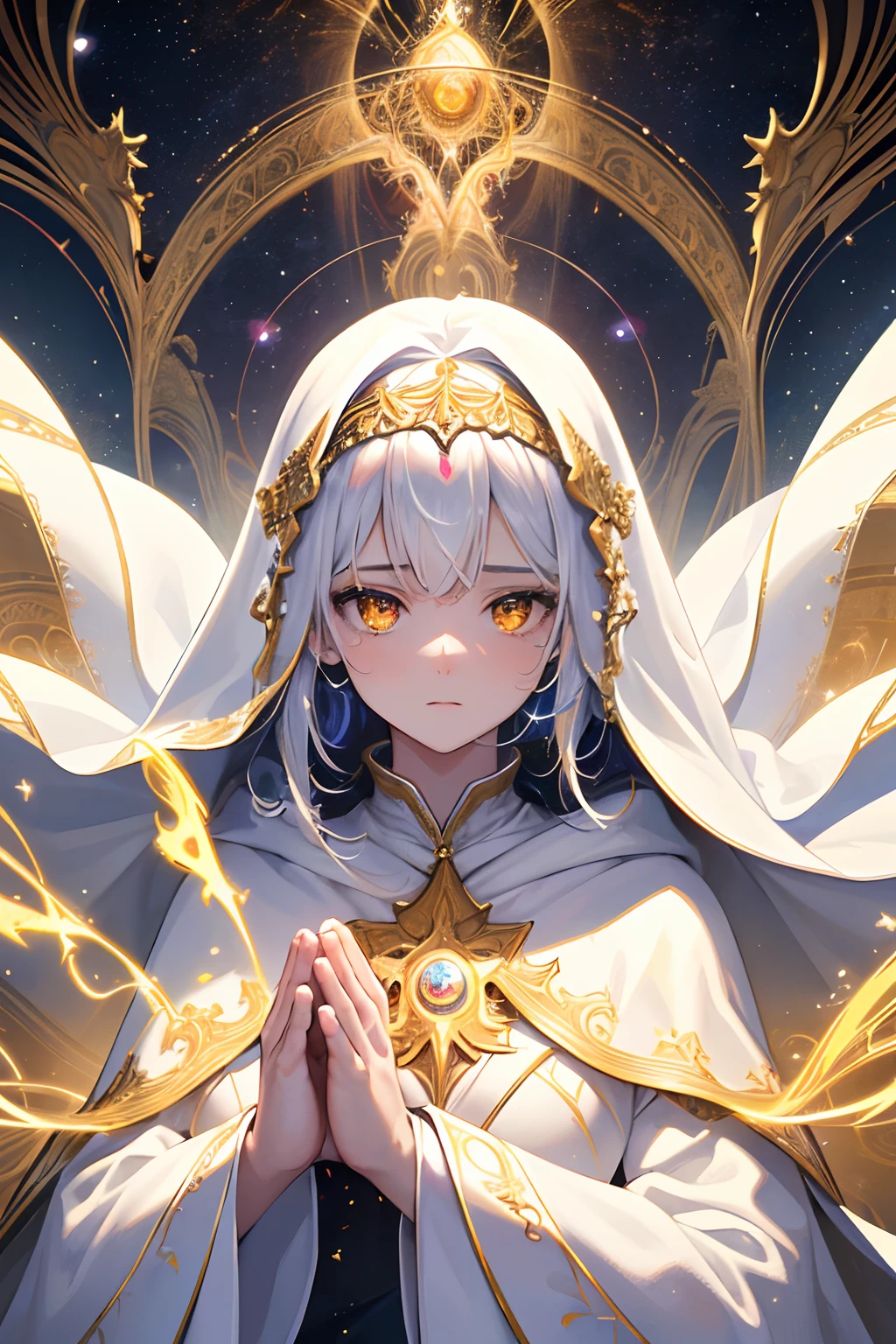 masterpiece, top quality, best quality, official art, beautiful and aesthetic:1.2), (1girl), extreme detailed, (fractal art:1.3), colorful, highest detailed, perfect face, upper body, HDR, (praying:1.3), (white cloak golden lines:1.2), galaxy, (light streaks), striking visuals, (dynamic streaks, luminous trails:1.2), vibrant colors, white hair, yellow eyes