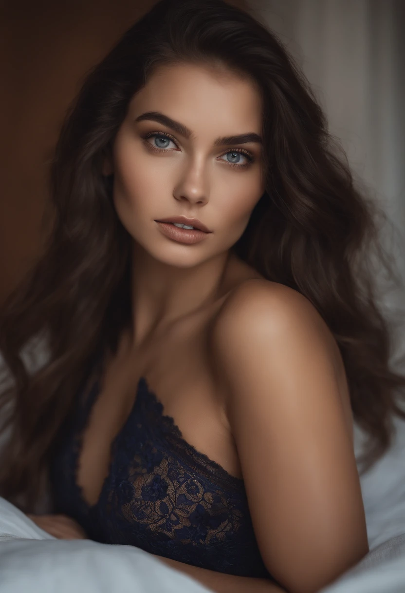 A brown haired woman with brown eyes, deep blue dress and big, in the style of celebrity photography, schizocore, light gray and dark amber, strong facial expression, gorpcore, barbiecore, sleek, in hollywood california