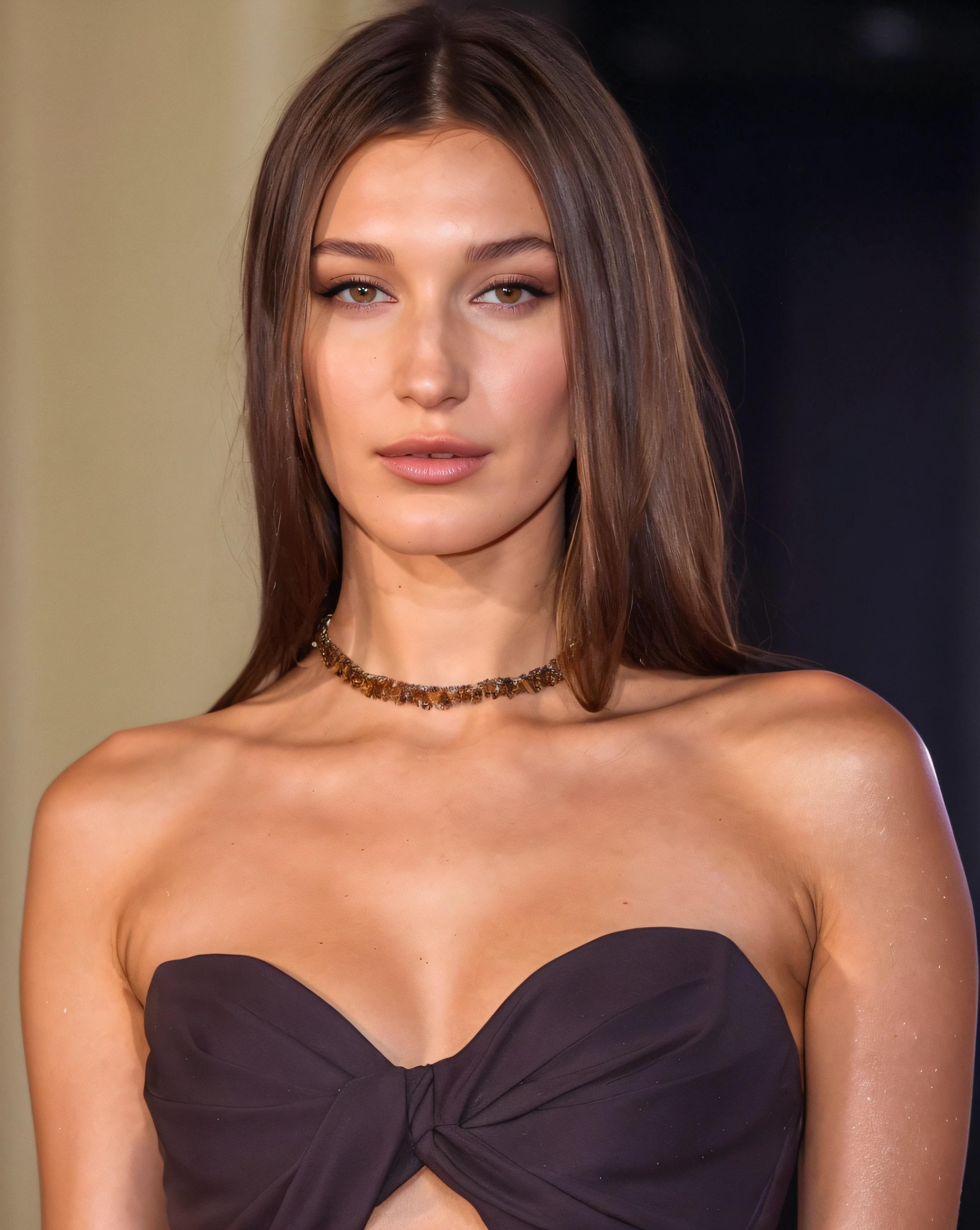 a close up of a woman in a strapless dress posing for a picture, bella hadid, julia sarda, center parted brown hair, straight hairstyle, dua lipa, shoulder-length brown hair, with high cheekbones, slicked-back hair, shoulder - length hair, shoulder-length hair, christina kritkou, central parted fringe
