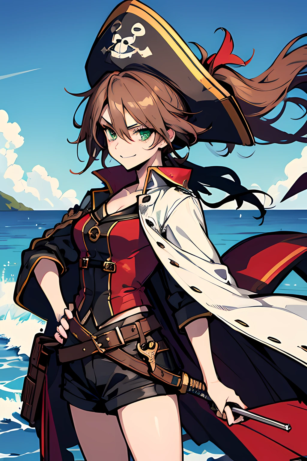 (absurdres, 8k, 4k, masterpiece, hyper extreme detailed:1.2), solo, 1girl, side view, perfect face, 1girl, portrait, looking at viewer, solo, standing, Female, toned body, mature female, medium breasts, pale, brown hair, messy hair, enthusiastic, fun, tomboy, green eyes, swept bangs, pirate, smirk, medium body, tomboy, crazy face, crazy smile, crazy eyes, wind, windy hair, moving hair, pirate hat, pirate outfit, reckless, long hair, adventurous, pirate clothing, cutlass, confident, pirate coat, eyepatch, fearless, expressive, rock, open sea background, rugged, dirty, left hand holding cutlass, right hand on hip, shirt, sword, pirate sword, ocean background, sea background, pirate king, their left hand is holding a cutlass, their right hand is holding a flintlock pistol