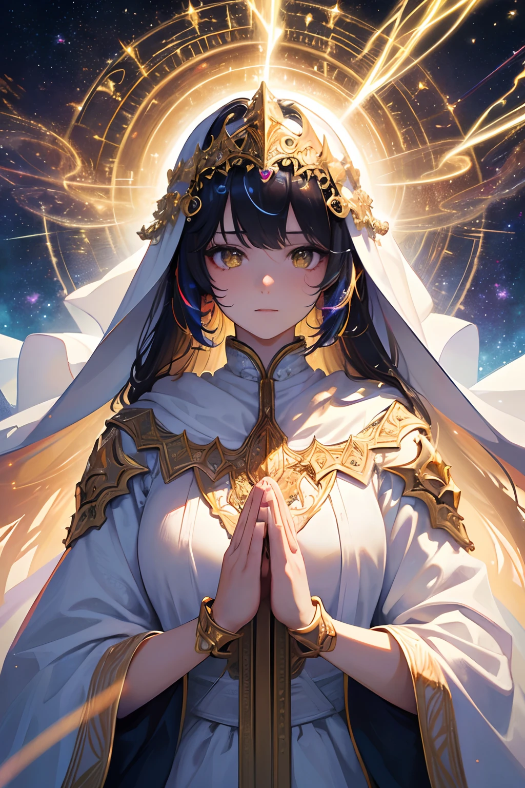 masterpiece, top quality, best quality, official art, beautiful and aesthetic:1.2), (1girl), extreme detailed, (fractal art:1.3), colorful, highest detailed, perfect face, upper body, HDR, (praying:1.3), (white cloak golden lines:1.2), galaxy, (light streaks), striking visuals, (dynamic streaks, luminous trails:1.2), vibrant colors