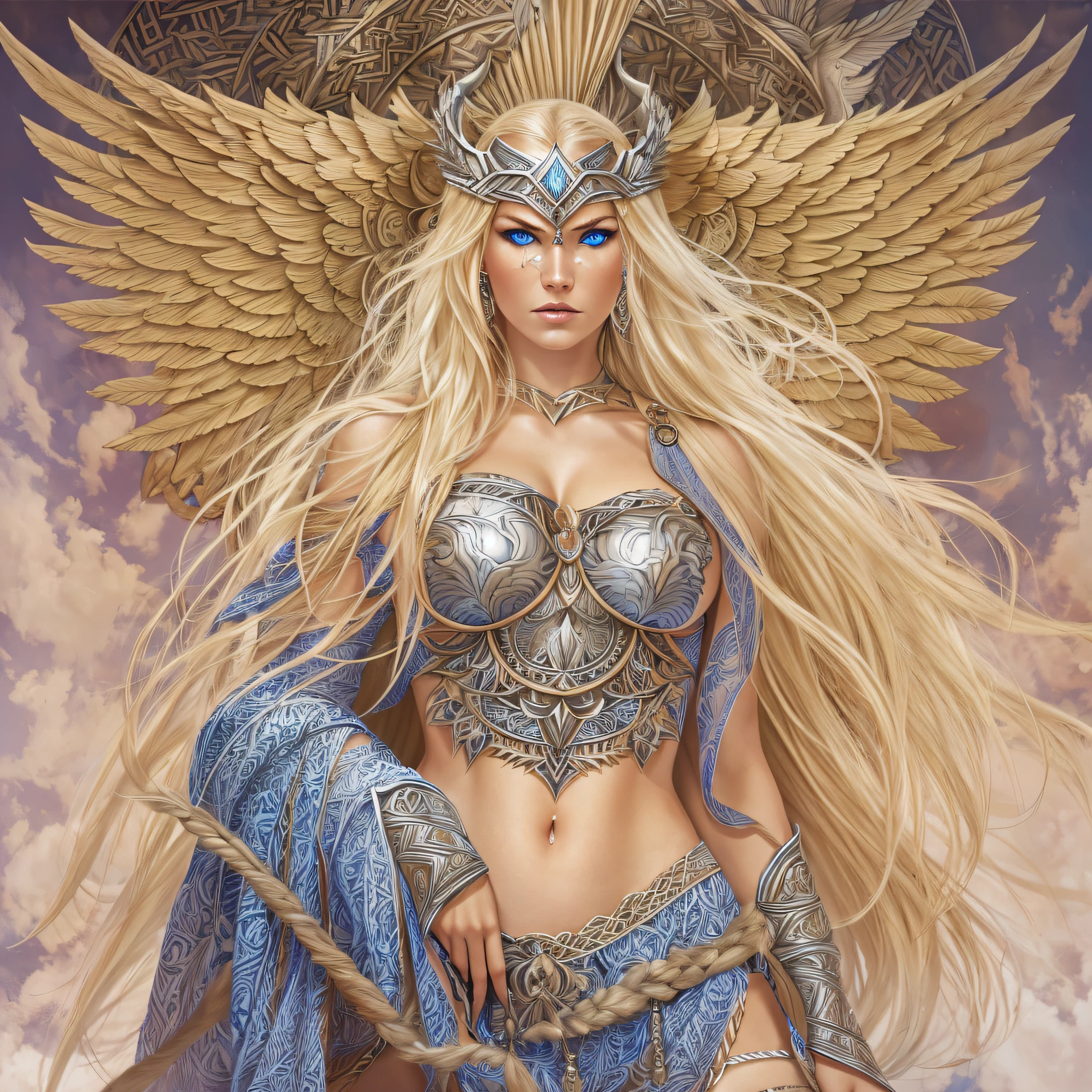 Nordic Valkyrie, warrior goddess, long blonde hair. fierce blue eyes, full nude body, perfect medium tits, perfect pussy, erotic art