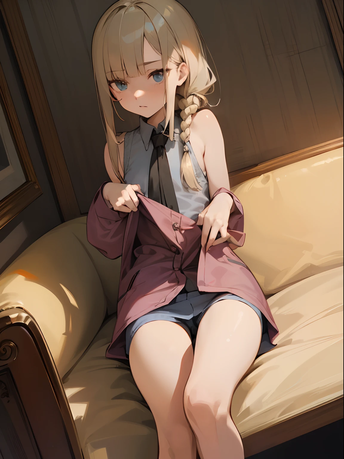 Reines, 1girl, high quality, best quality, illustration, masterpiece, (highly detailed:1.2), (extremely detailed:1.3), unbuttoned pajamas, (Shirt Unbuttoning: 1.5), sleeveless undergarments, undressing, young girl, shortpants, braid, petite, loli, sweaty, hot summer, slender thighs, in a house