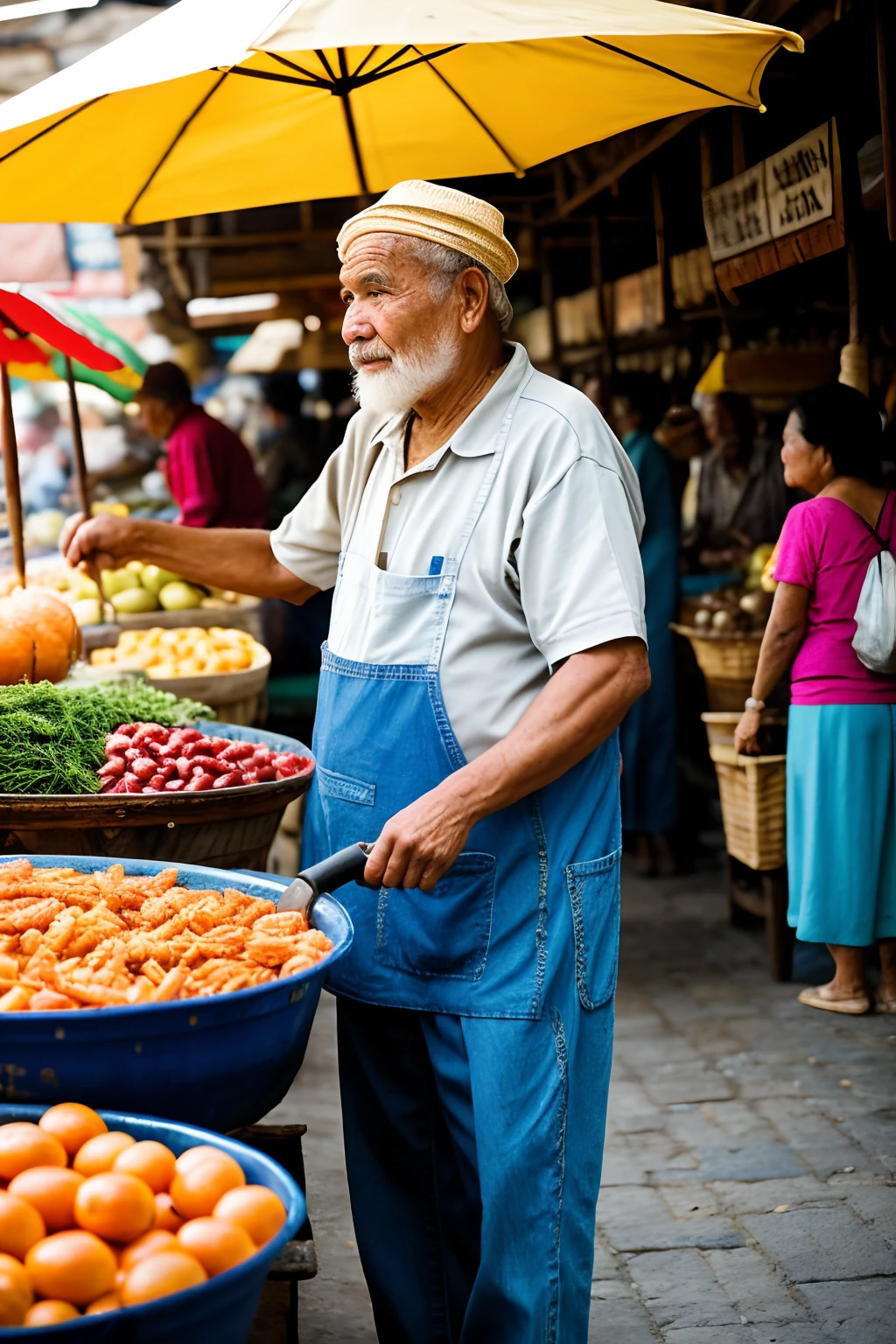 An old man selling fish in the market, standing behind a wooden cart filled with various types of fresh seafood. His black hair is neatly combed, with streaks of gray showing his age and wisdom. He wears a simple sando, revealing his muscular arms as he skillfully handles the fish. The smell of the ocean lingers in the air, mixing with the bustling sounds of the market. The market is crowded with people, each curious about the catch of the day. The warm sunlight filters through colorful umbrellas, creating a vibrant atmosphere. The old man's weathered hands carefully wrap each purchase, ensuring the highest quality. The scene captures a sense of nostalgia, reminding the viewer of simpler times. The colors are rich and vivid, reflecting the authenticity of the market. The lighting is soft, accentuating the wrinkles on the old man's face, and adding depth to the composition. The prompt has a high level of detail, capturing the essence of the old man's role in the market.