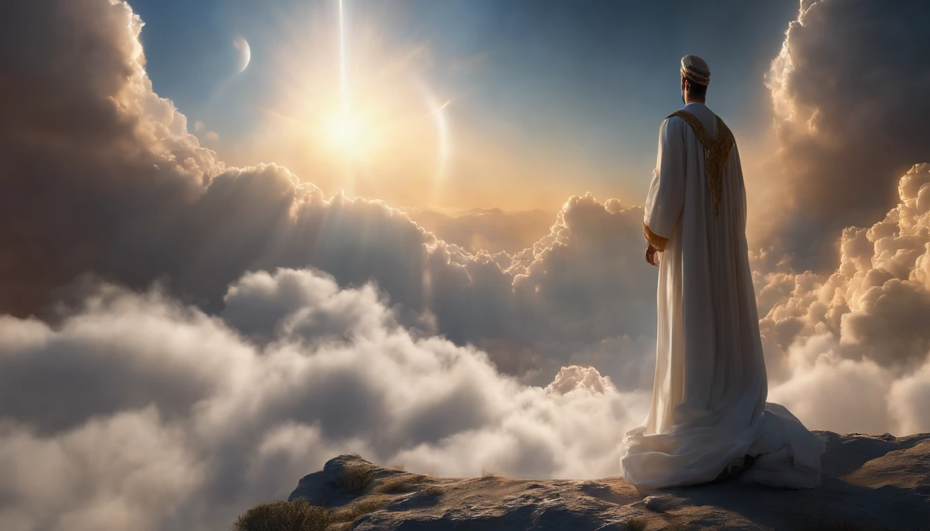 The Rapture ,Thousands of people are floating in the air,Standing on the clouds, Thousands of people are dressed in white, Raise your hands and sing hymns to praise God. The scenes are magnificent and surreal. (Best Quality, 4k, 8K, high resolucion, Masterpiece:1.2), Ultra-detailed, (realisitic, Photorealistic, Realistis:1.37), portrait of a, Vivid colors, studio lit, Sharp focus, physics based rendering, extreme detail description, Biblical Topics, grand ambience, radiant light.