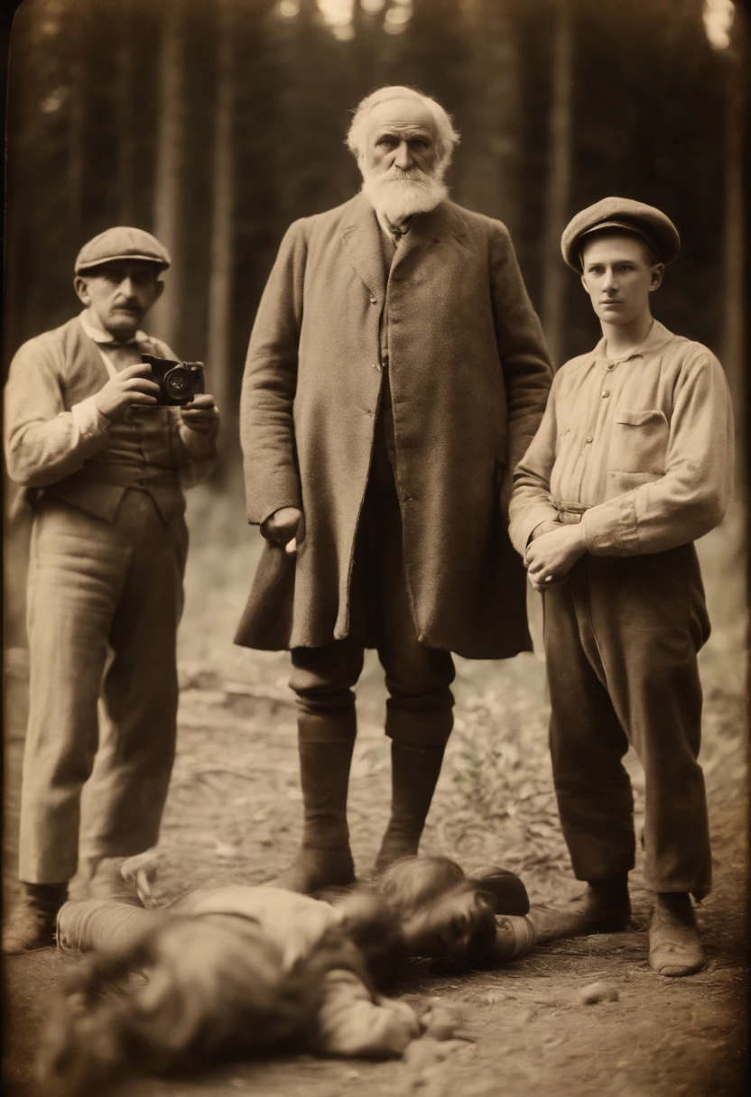 An old souvenir photo: An ancient human giant standing next to three people and taking a picture. The photo was taken in 1918