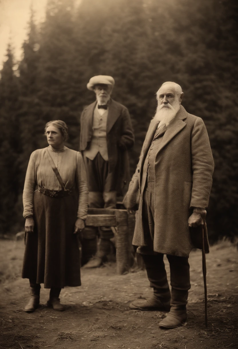 An old souvenir photo: An ancient human giant standing next to three people and taking a picture. The photo was taken in 1918