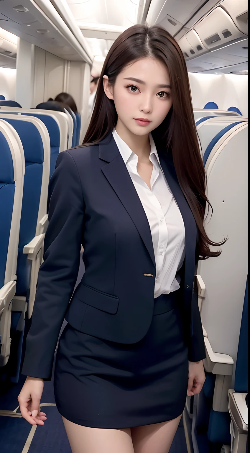 top-quality, masterpiece, 8K, 超A high resolution, (Photorealsitic:1.4), 1girl in、Beautiful expression、symmetrical eye、Colossal tits、Perfect body proportion、Stewardess uniform、Unbutton the chest、Look at viewers、(Inside the plane:1.2)、long legged(1.3)、