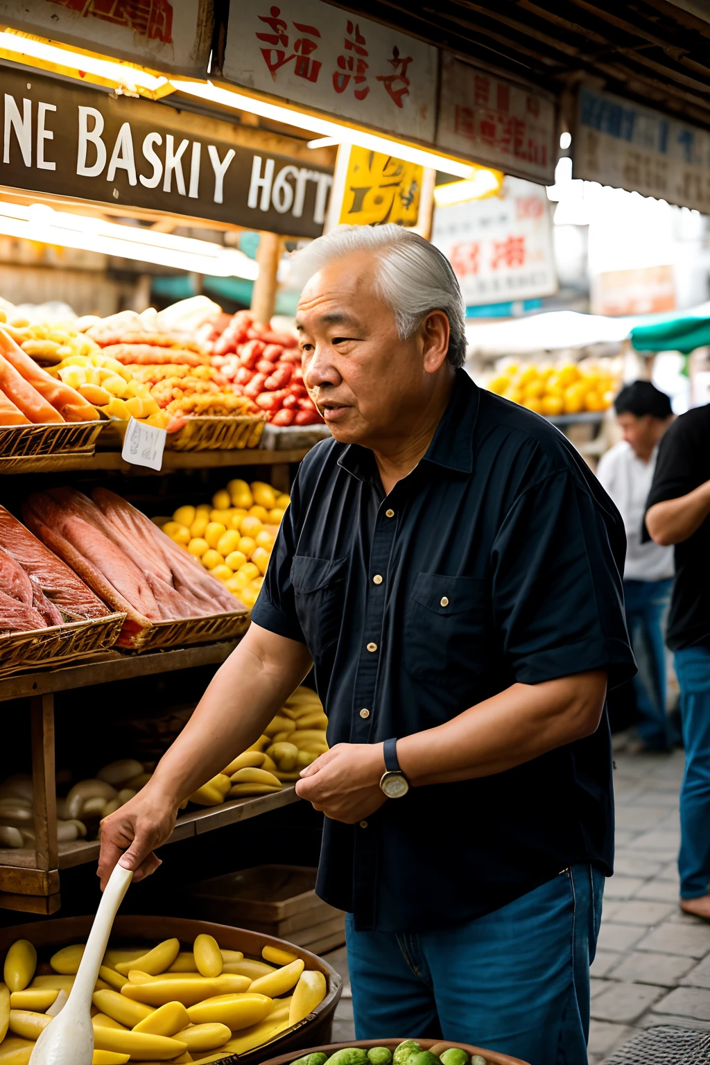 An old man carefully arranging a chair, surrounded by a bustling fish market. His black hair shines under the sunlight, contrasting with his simple sando shirt. The scene is casual yet filled with curiosity as the market's vibrant energy radiates. The prompt should capture the best quality, depicting the details of the scene in ultra-high resolution, delivering a realistic and photorealistic outcome. The composition showcases the artistry of the portraits genre, and the color palette emphasizes the lively tones of the market. The lighting creates a warm and natural atmosphere, highlighting every intricate detail of the man and his surroundings.