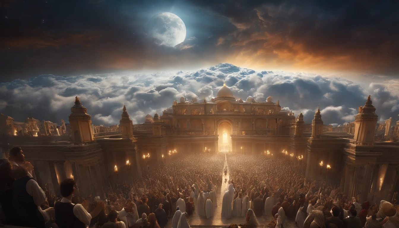 The Rapture ,Thousands of people are floating in the air,Standing on the clouds, Thousands of people are dressed in white, Raise your hands and sing hymns to praise God. The scenes are magnificent and surreal. (Best Quality, 4k, 8K, high resolucion, Masterpiece:1.2), Ultra-detailed, (realisitic, Photorealistic, Realistis:1.37), portrait of a, Vivid colors, studio lit, Sharp focus, physics based rendering, extreme detail description, Biblical Topics, grand ambience, radiant light.