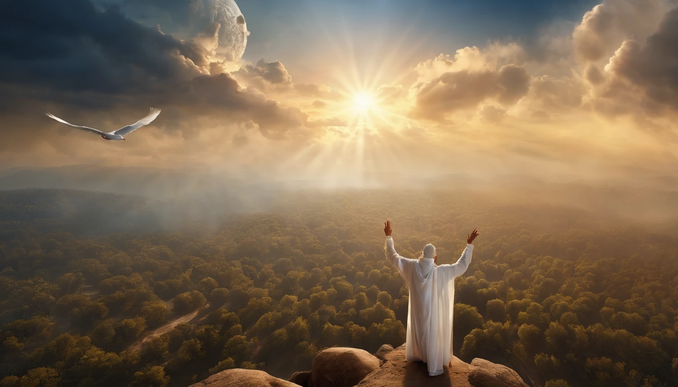 The Rapture ,Thousands of people are floating in the air,Standing on the clouds, Thousands of people are dressed in white, Raise your hands and sing hymns to praise God. The scenes are magnificent and surreal. (Best Quality, 4k, 8K, high resolucion, Masterpiece:1.2), Ultra-detailed, (realisitic, Photorealistic, Realistis:1.37), portrait of a, Vivid colors, studio lit, Sharp focus, physics based rendering, extreme detail description, Biblical Topics, grand ambience, radiant light.