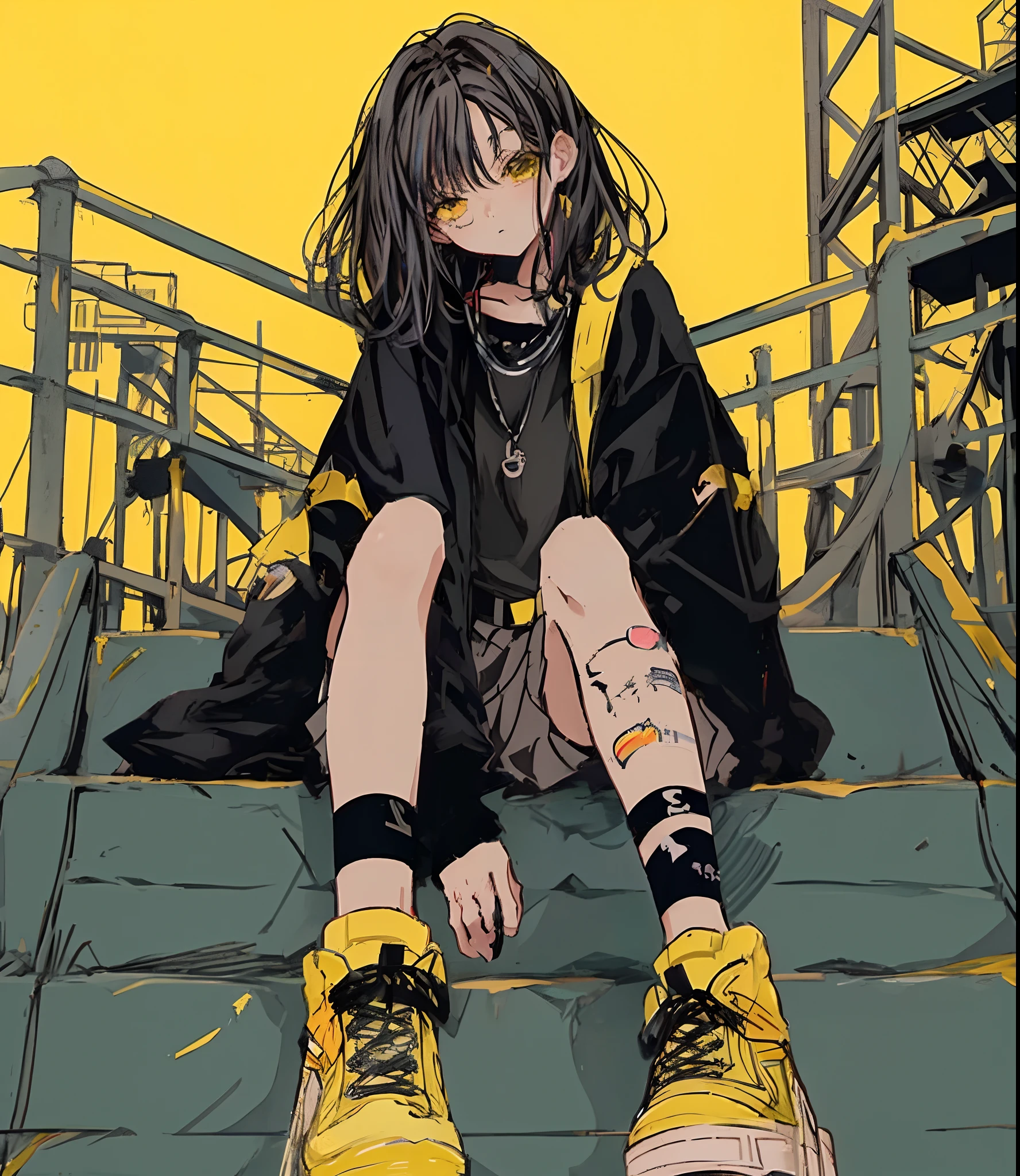 a close up of a person sitting on a bench with yellow shoes, anime vibes, anime aesthetic, the anime girl is crouching, anime asthetic, modern anime style, 1 7 - - old me goth girl, style anime, 9 0 s anime aesthetic, anime style illustration, anime style, urban girl fanart, anime styled, anime visual of a cute girl