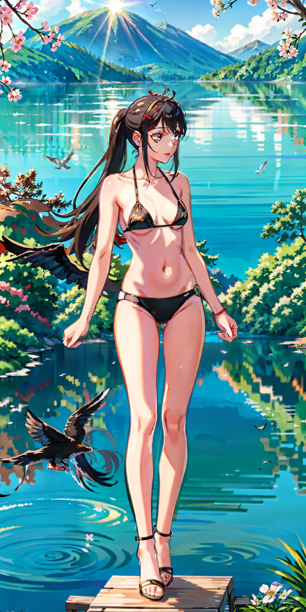 suzu_me, 1 girl, solo, (standing), full body,looking aside,brown eyes, black hair, hairclip, single drill, green bikini, sexy, nsfw(light rays:1.2),(sun:1.2),(blue sky:1.1), (moutains:1.2),(lake:1.1),(flowers:1.3),lawn,(dock:1.1),(birds:1.1),trees,from above