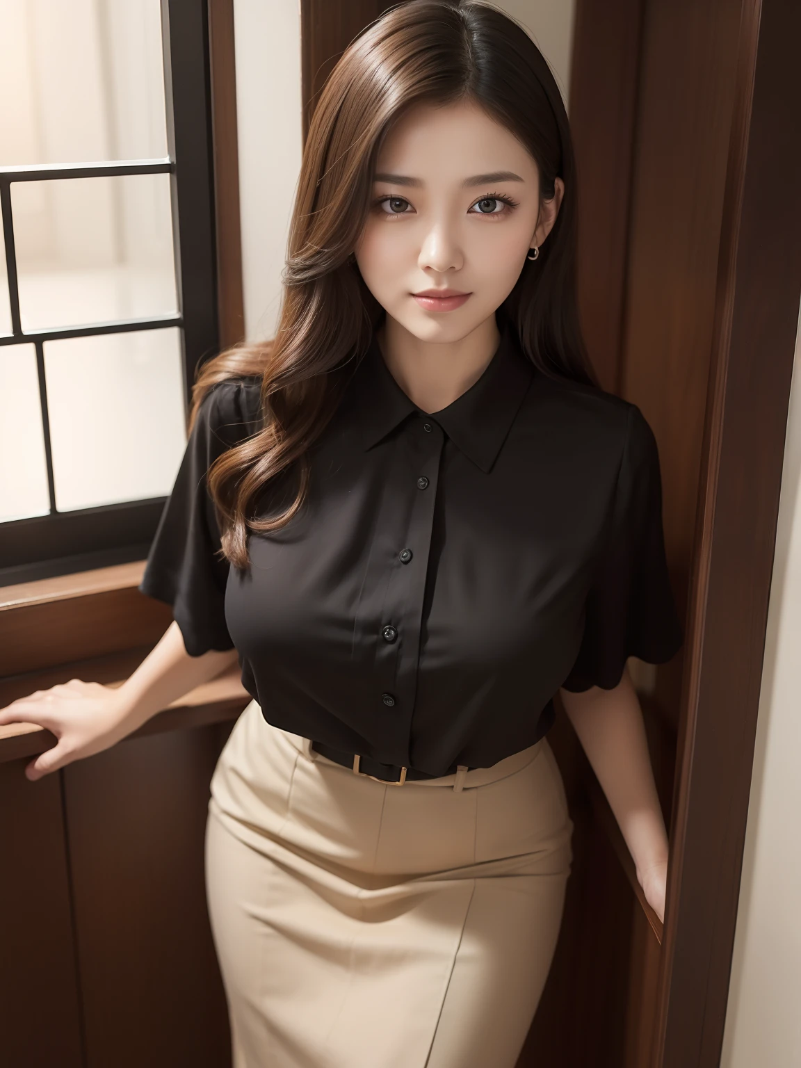 (ung girl), kawaii face, (round eyes:1.2), (highly detailed face), smile, Amazing face and eyes, (flat chest), (Best Quality:1.4), (Ultra-detailed), (extremely detailed CG unified 8k wallpaper), Highly detailed, High-definition raw color photos, Professional Photography, Realistic portrait, Amazing face and eyes, Pink eyes, indoors, office, (office lady, miniskirt:1.3), (A moment of relaxation), model, depth of fields, (fine face:1.2),