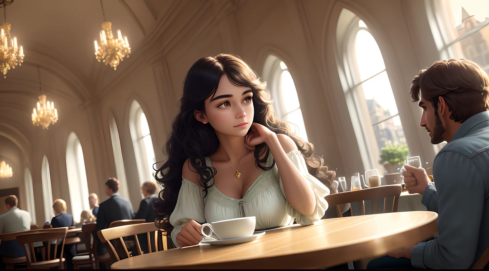 Ultra-realistic depiction of a pretty girl with shimmering eyes and softly curled hair, deeply engrossed in conversation with a handsome man who exudes charisma, every gesture resonating with self-assured grace. Photorealistic Image, Landscape setting of a charming European café, with cobblestone streets visible outside, bustling with people and framed by historic buildings. No Art Inspiration, Canon EOS R3, Wide shot, RF 24-70mm F2.8 L IS USM, Golden ratio, 8K UHD, Soft indoor lighting from vintage chandeliers complements the natural light pouring in from the open café doors, (((hyper detailed))), ambient light reflecting off the polished wooden tables and glassware, Octane render.