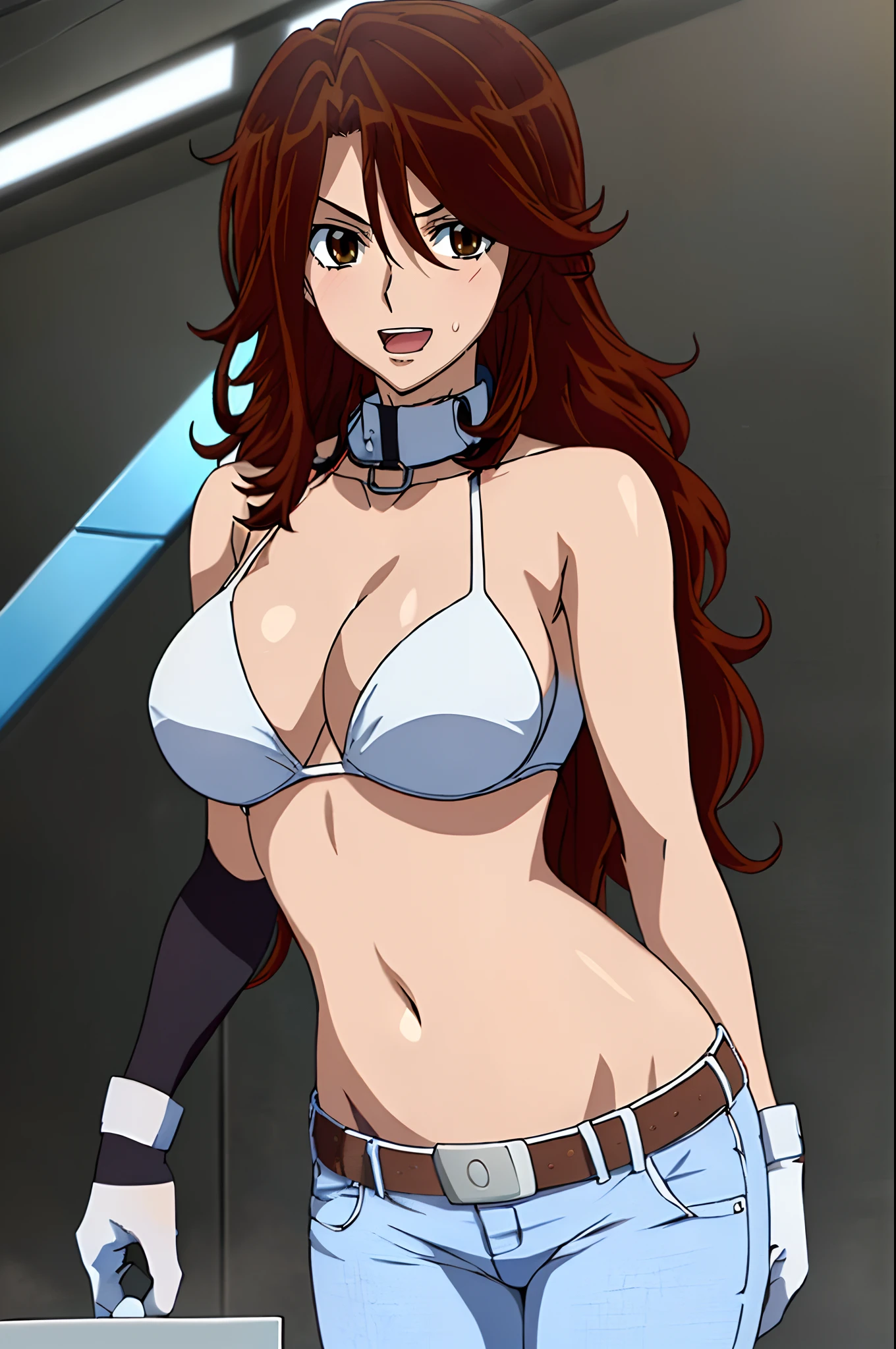 curvy midsection, solo, 1 girl, ultra toned arms, sweating very nuch, tired, smile, breathing heavily), (detailed titration screen, upper body only, anime style: 1.8, anime drawing, ultra detailed face, ultra detailed body, 4k, Sumergai Lee Noriega, (standing), best quality, anime style, hires, highest definition, digital blending, bold drawing lines, ((wwe diva), (location: wrestling arena, crowds watching), ( slim body, (little biceps), , off-shoulders, closed fists, (very curvy: 2.8)), ((white bikini only, jeans, white gloves, collar, hand protector, (champion belt on bare belly))), (pale skin, big breasts, widely open mouth, teeth), (big eyes, brown eyes), (leaning forward), (brown hair, loose hair, curly hair, wavy hair, long hair, missy hair), 27 years old,